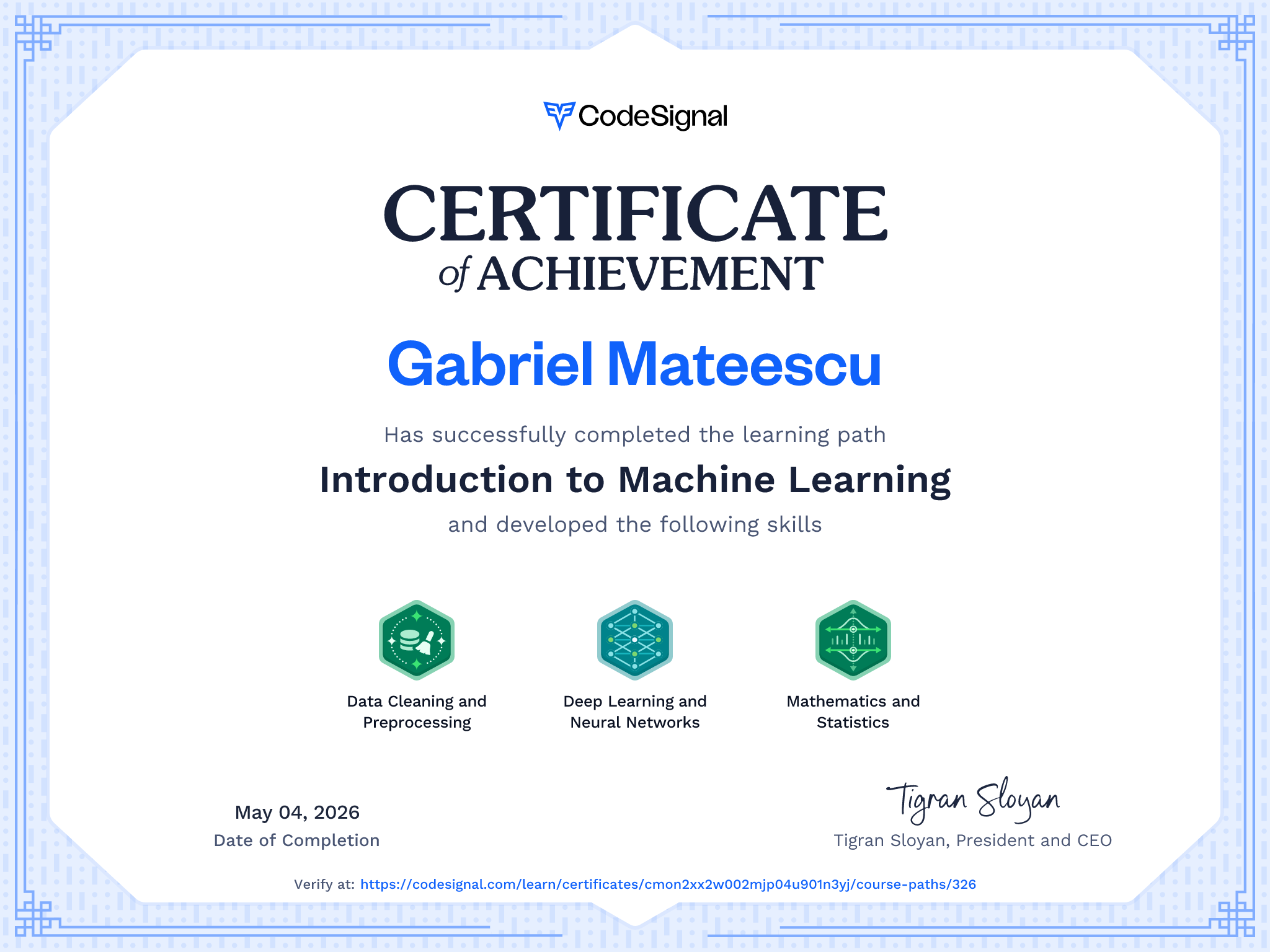 Path Certificate for Introduction to Machine Learning