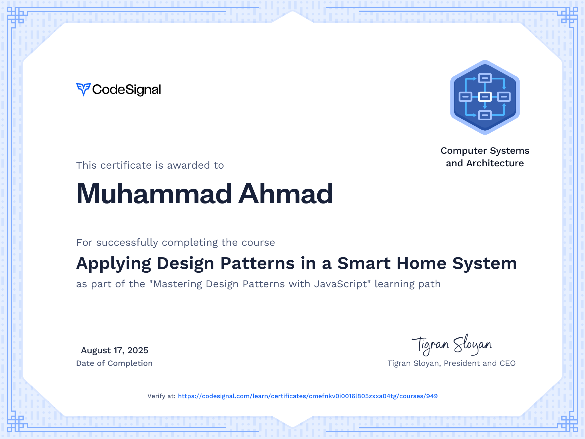 Course Certificate for Applying Design Patterns in a Smart Home System
