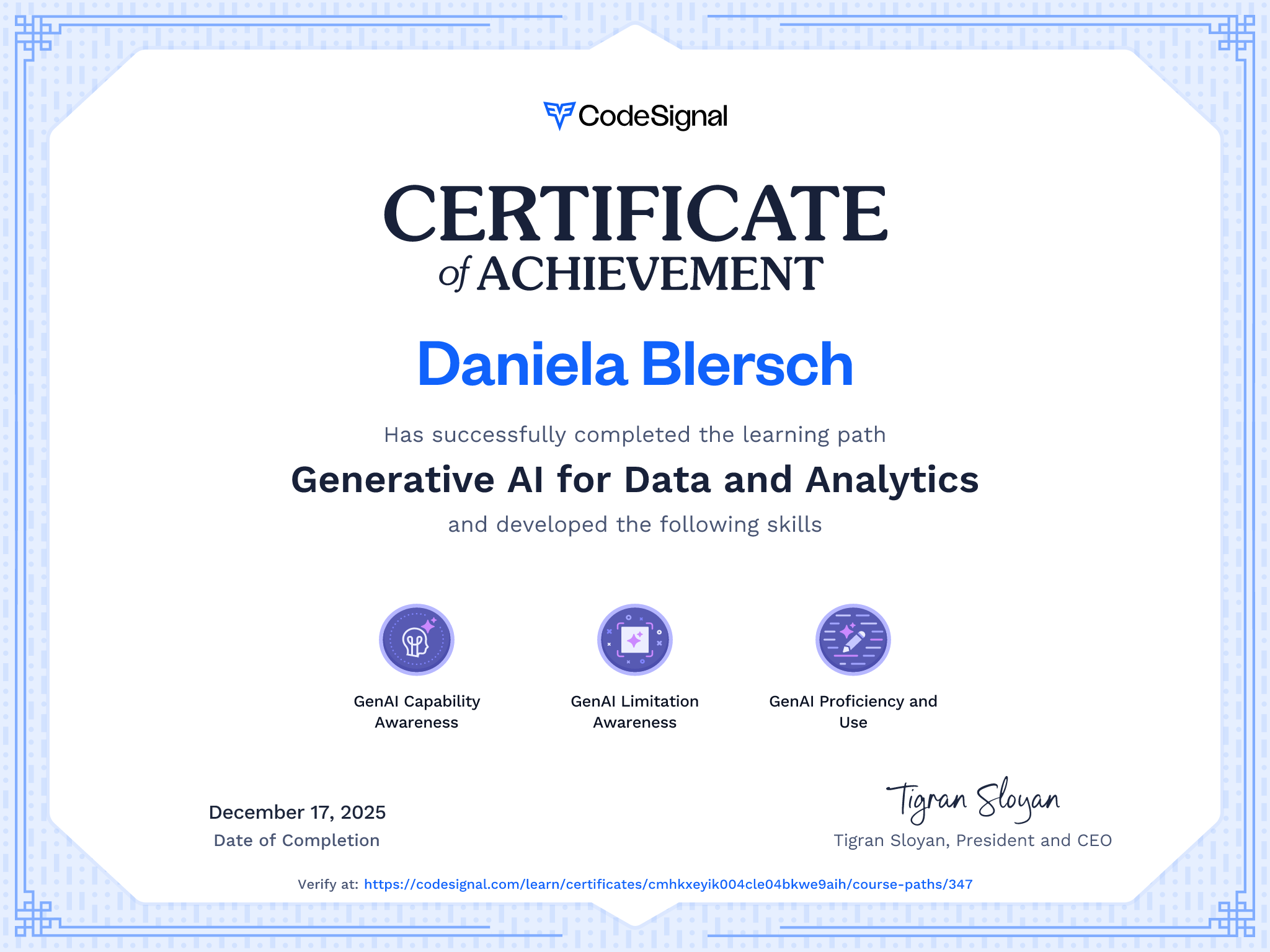 Path Certificate for Generative AI for Data and Analytics