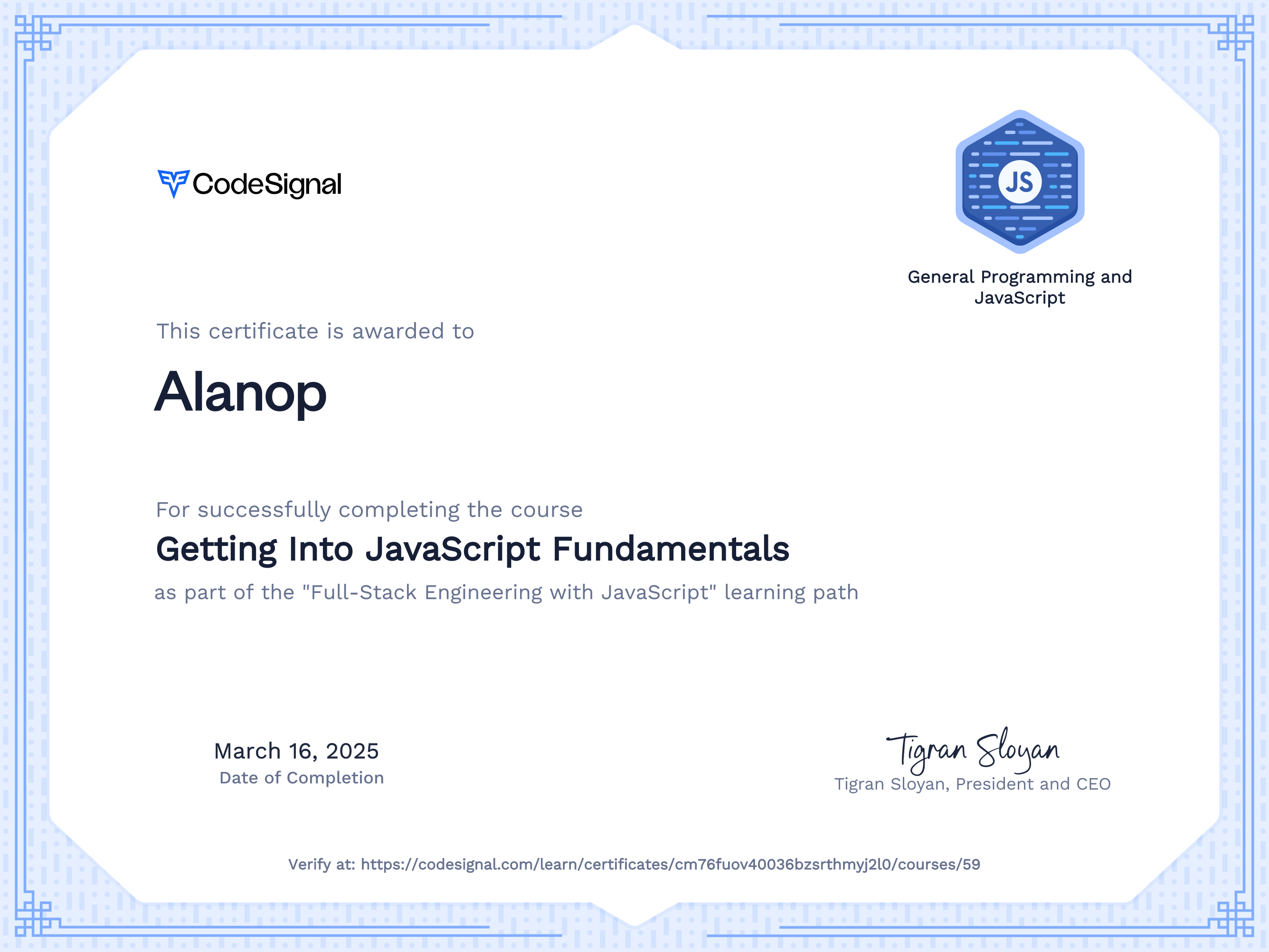 Course certificate for Getting Into JavaScript Fundamentals ...