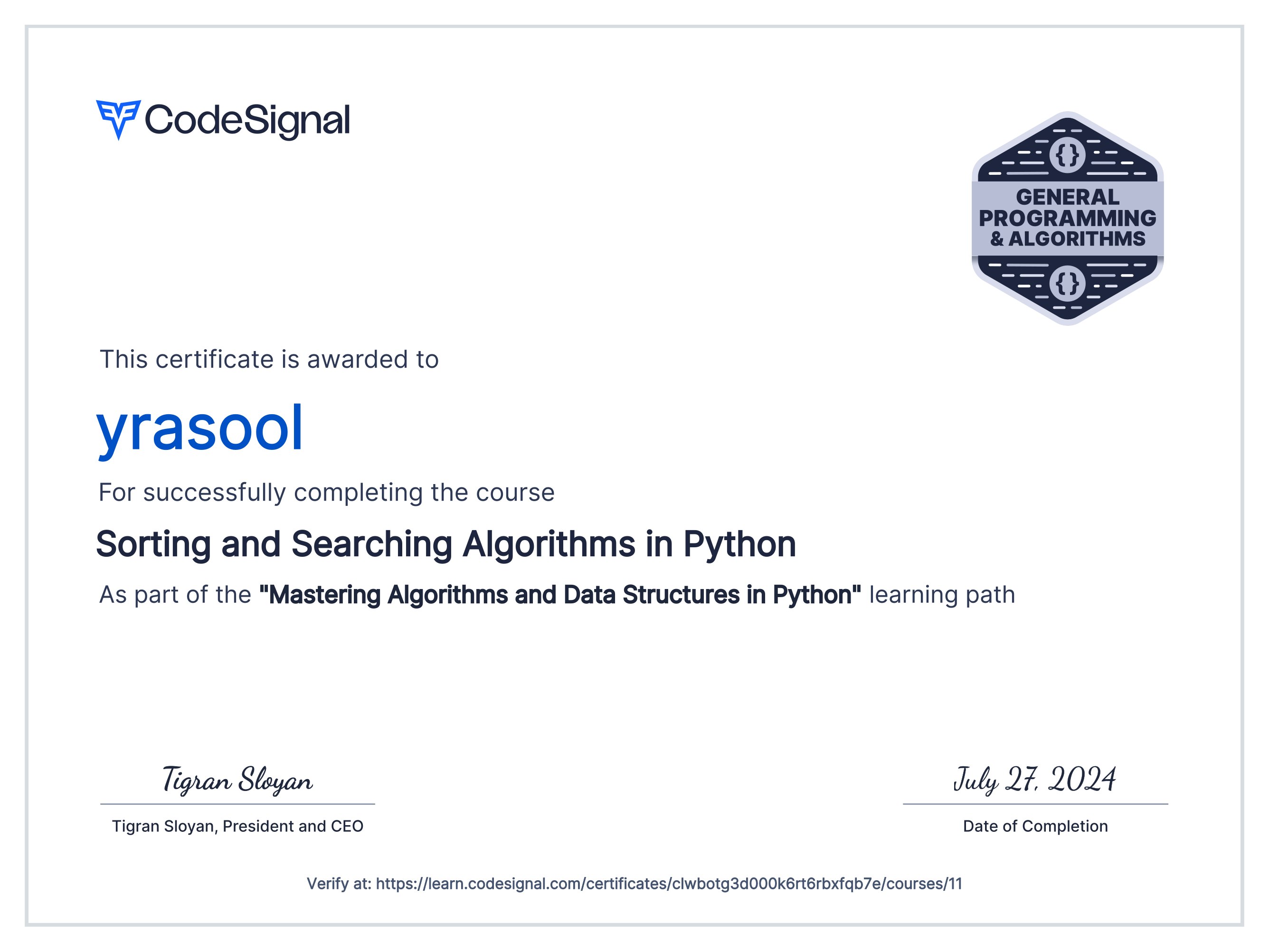 Course certificate for Sorting and Searching Algorithms in Python ...