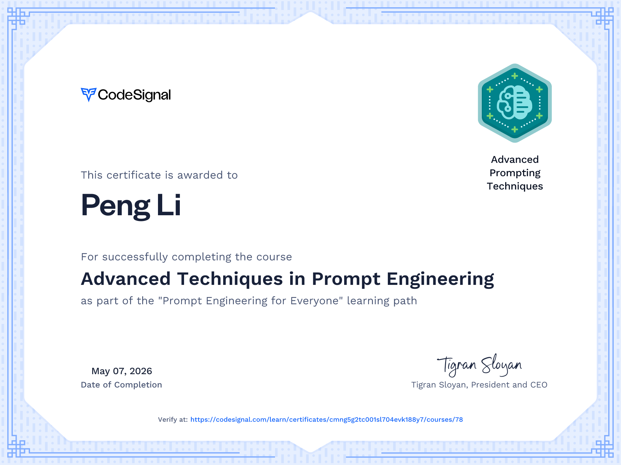 Course Certificate for Advanced Techniques in Prompt Engineering