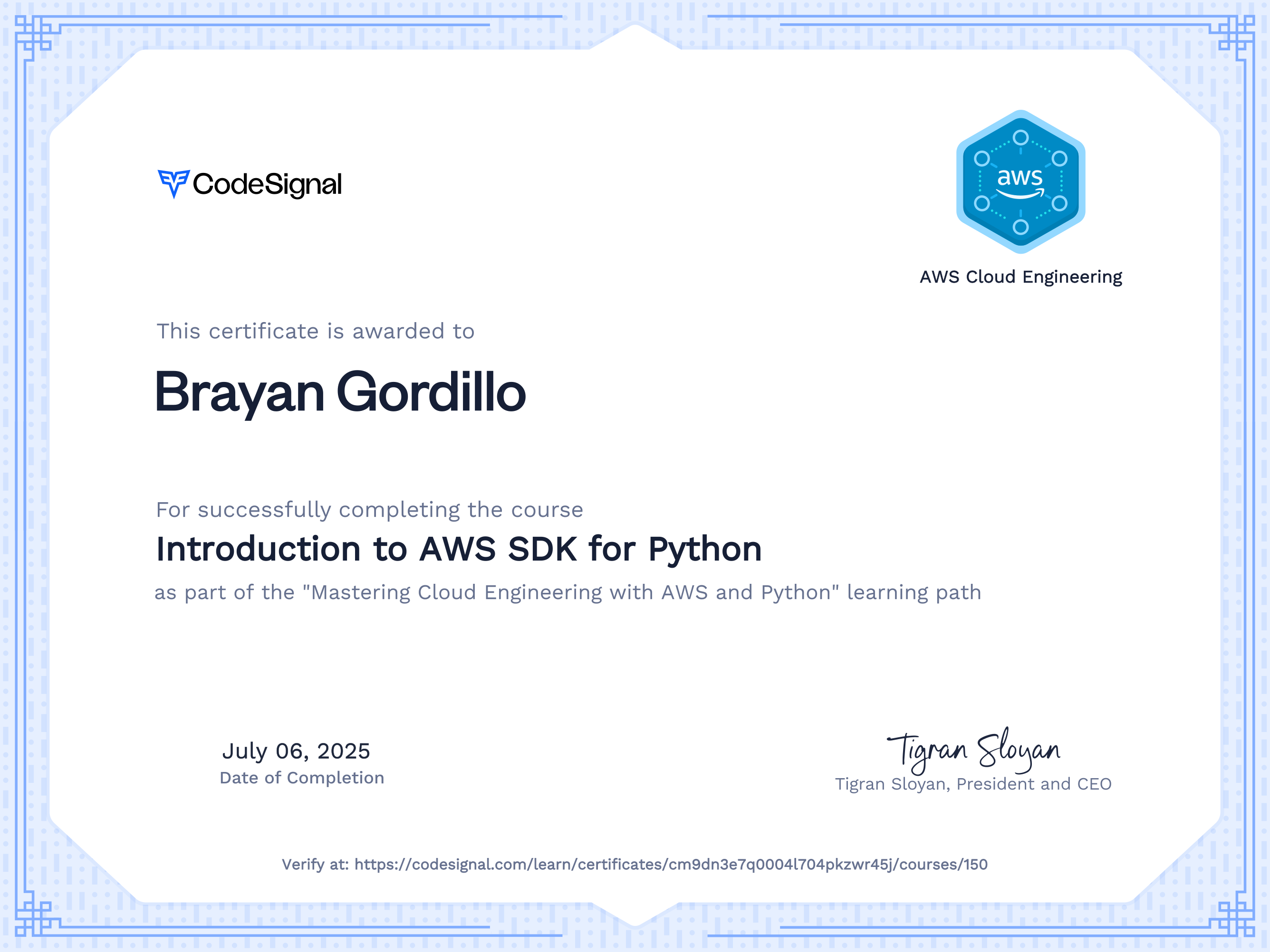 Course certificate for Introduction to AWS SDK for Python | CodeSignal ...