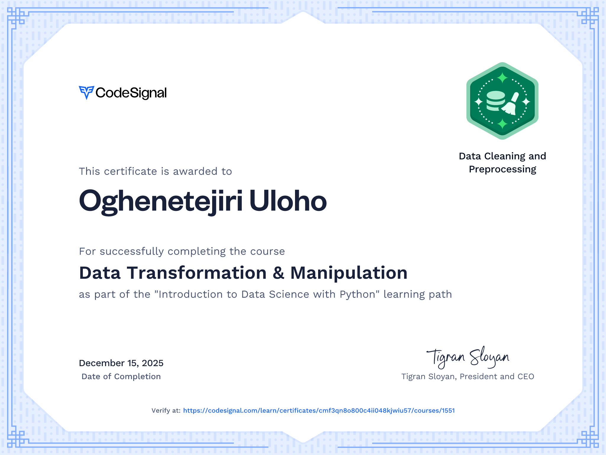 Course certificate for Data Transformation & Manipulation | CodeSignal ...