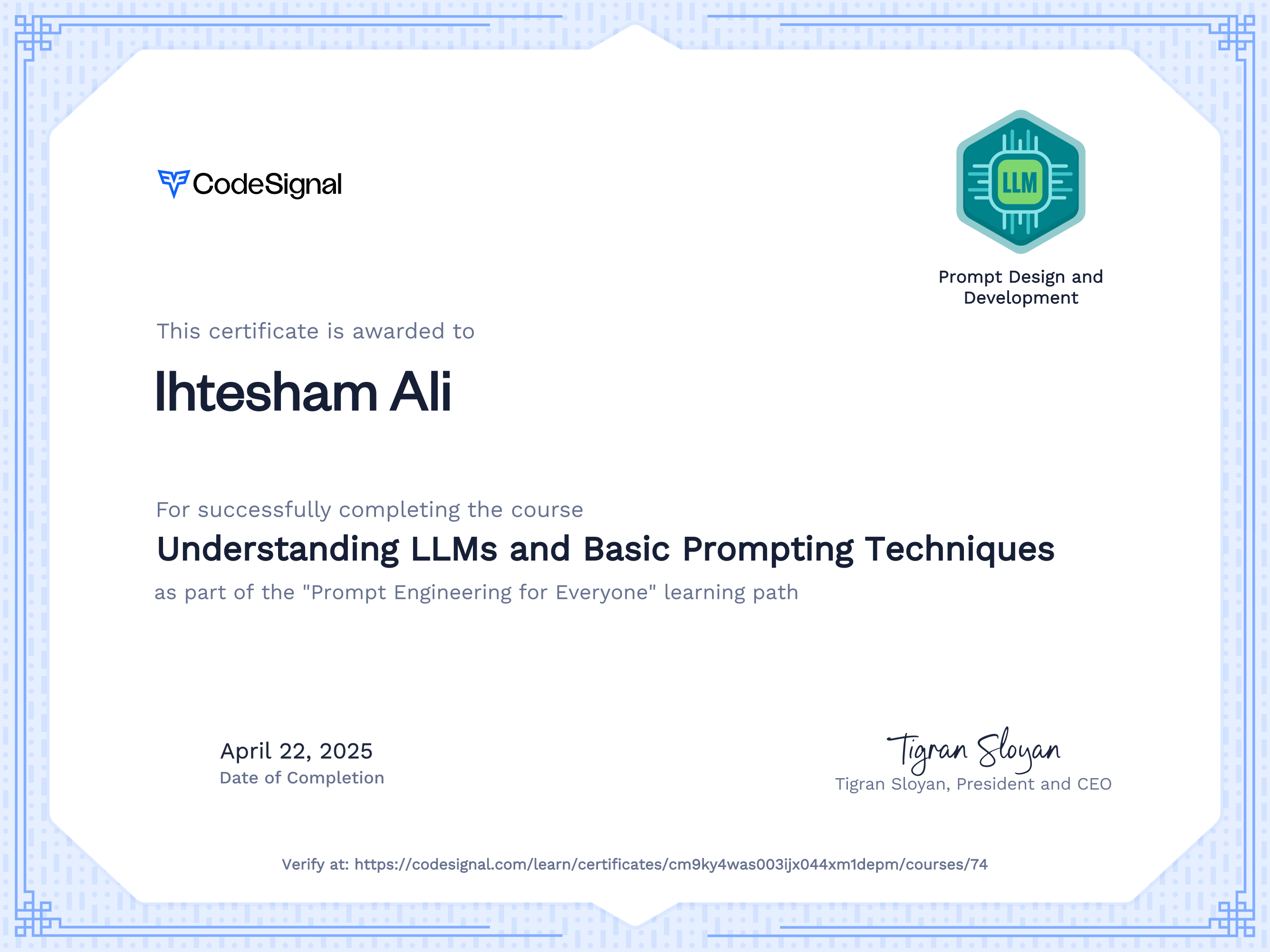 Course Certificate for Understanding LLMs and Basic Prompting Techniques