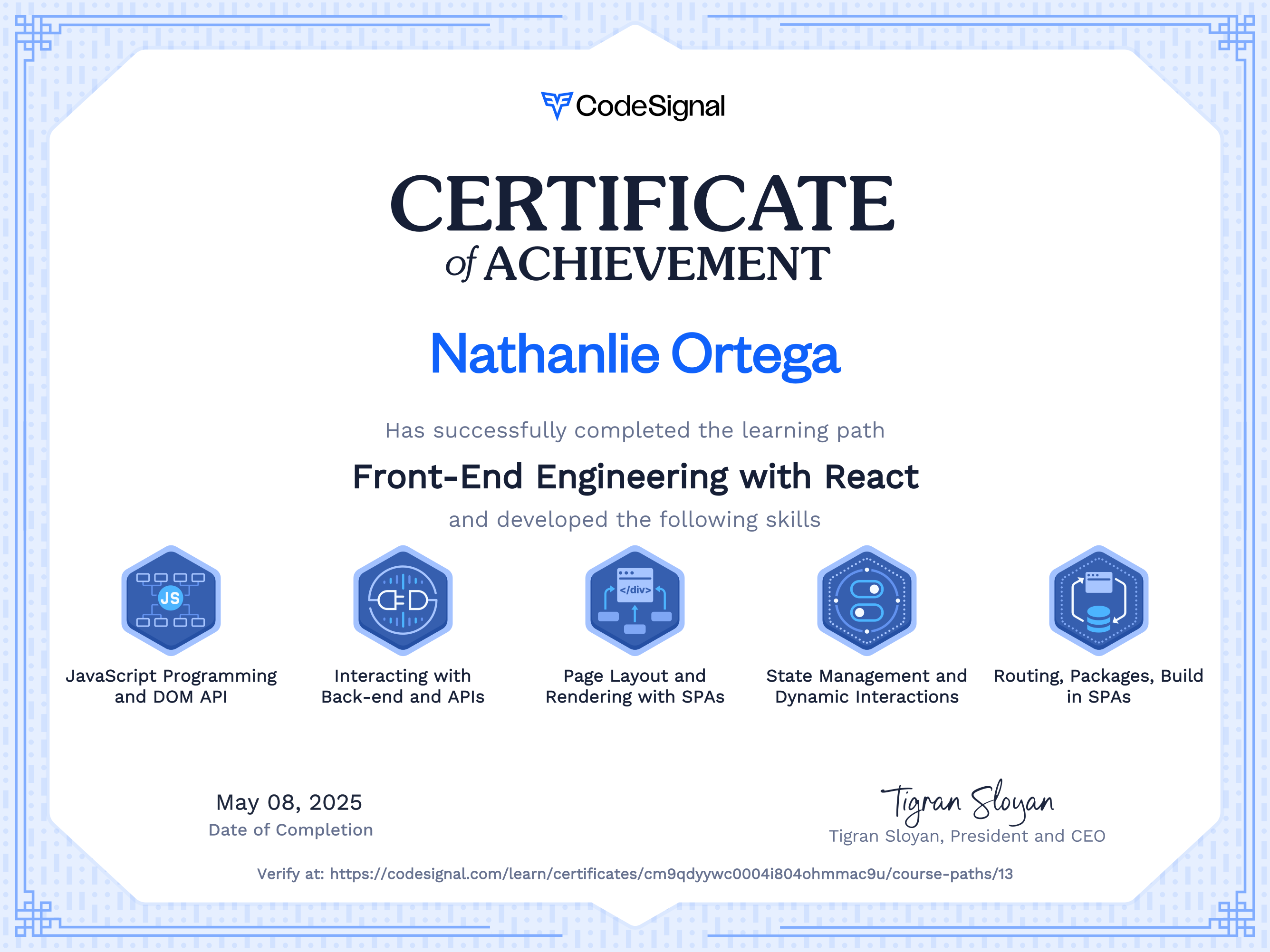 Path certificate for Front-End Engineering with React | CodeSignal Learn