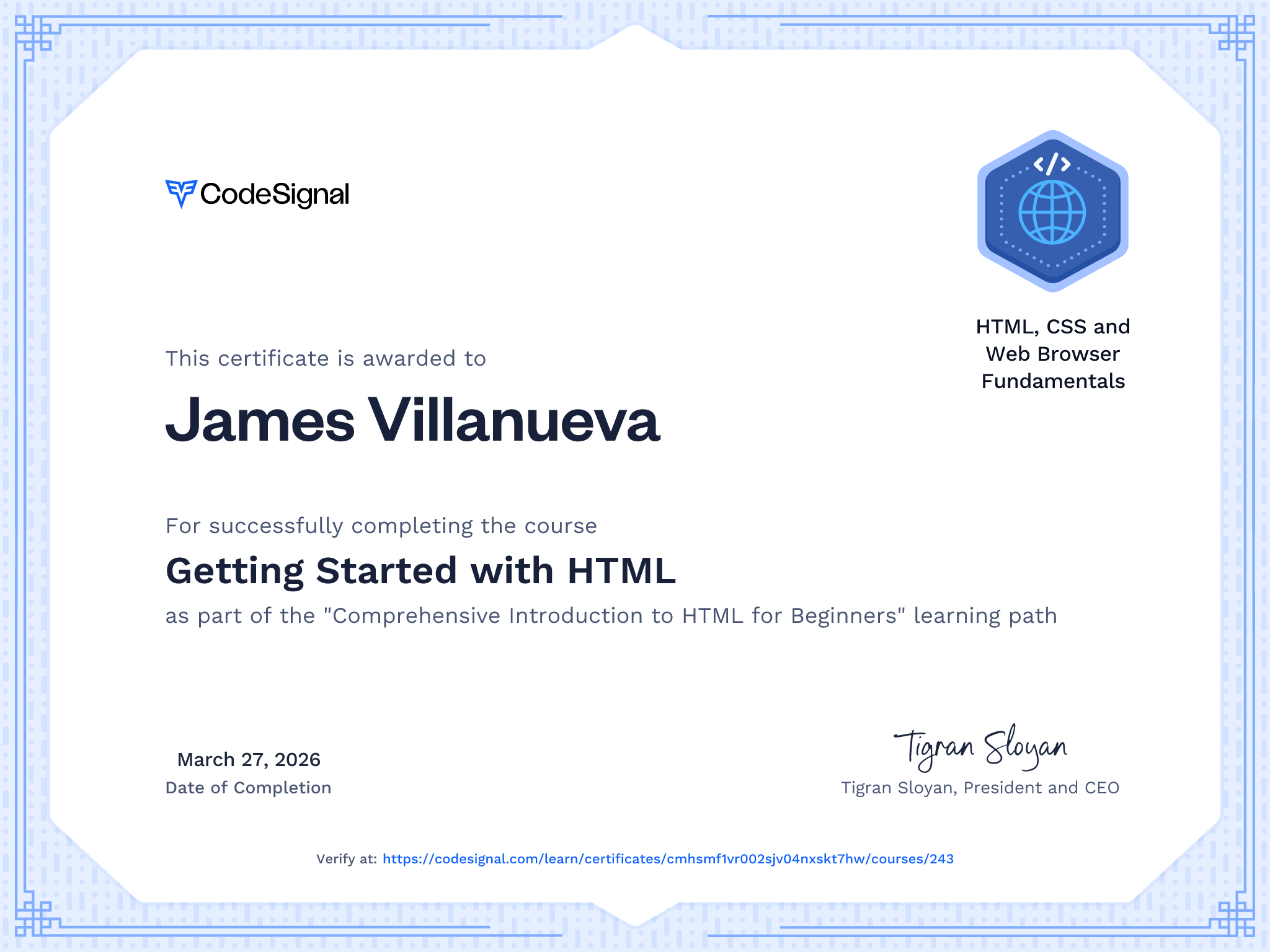 Course Certificate for Getting Started with HTML