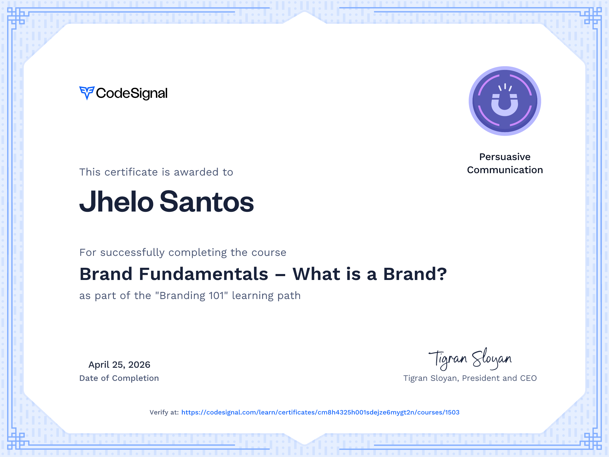 Course Certificate for Brand Fundamentals – What is a Brand?