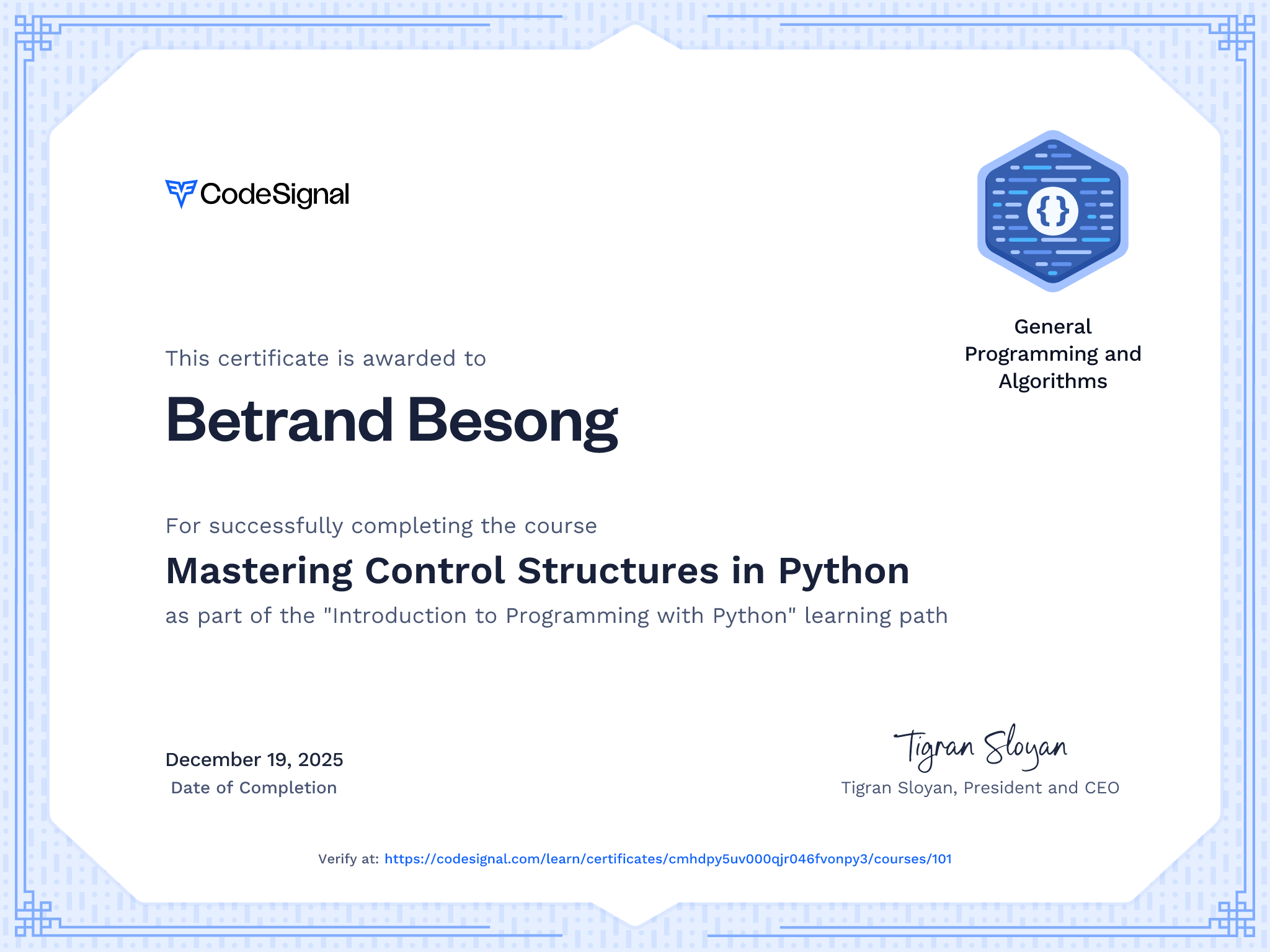 Course certificate for Mastering Control Structures in Python ...