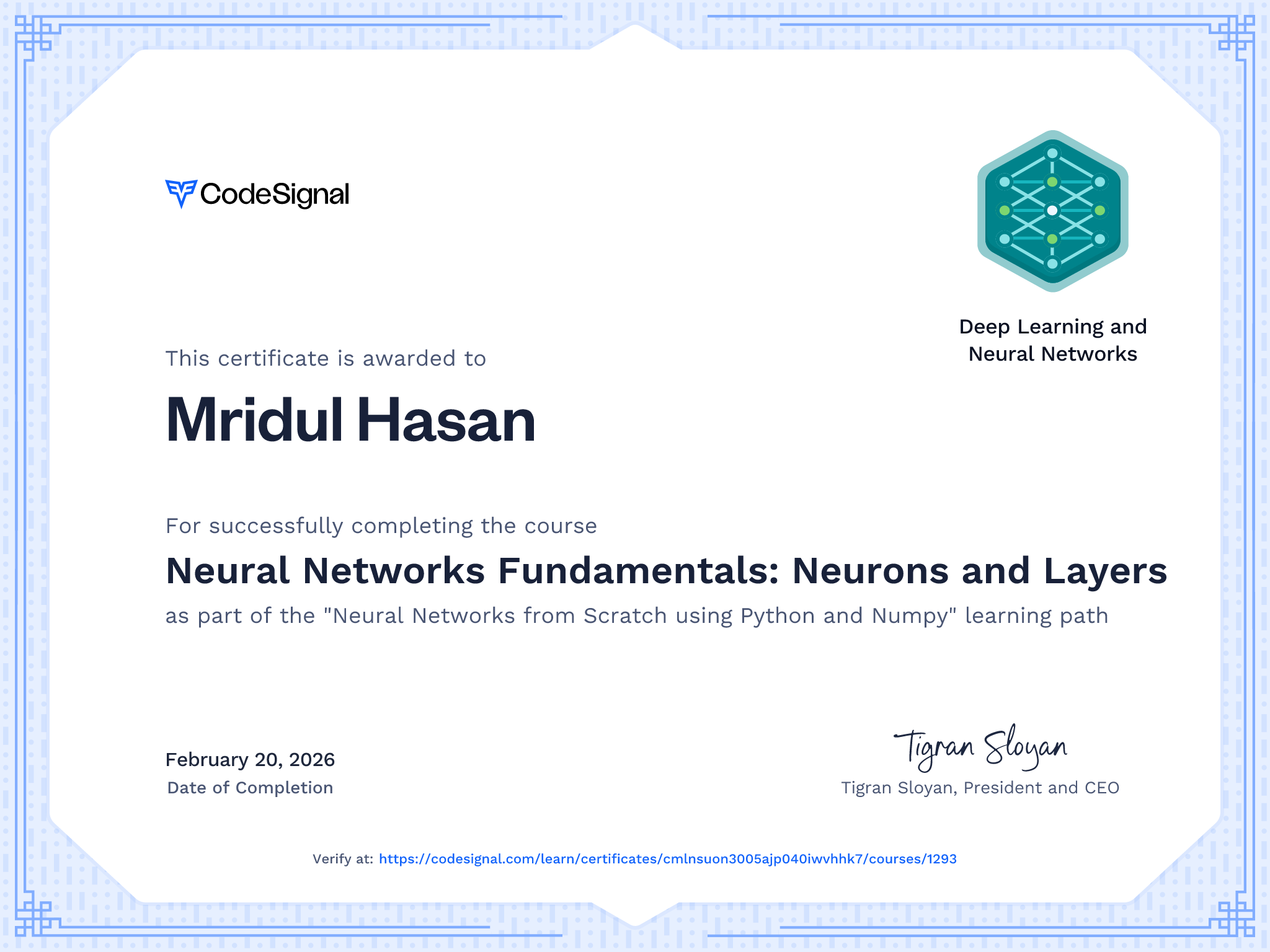 Course Certificate for Neural Networks Fundamentals: Neurons and Layers