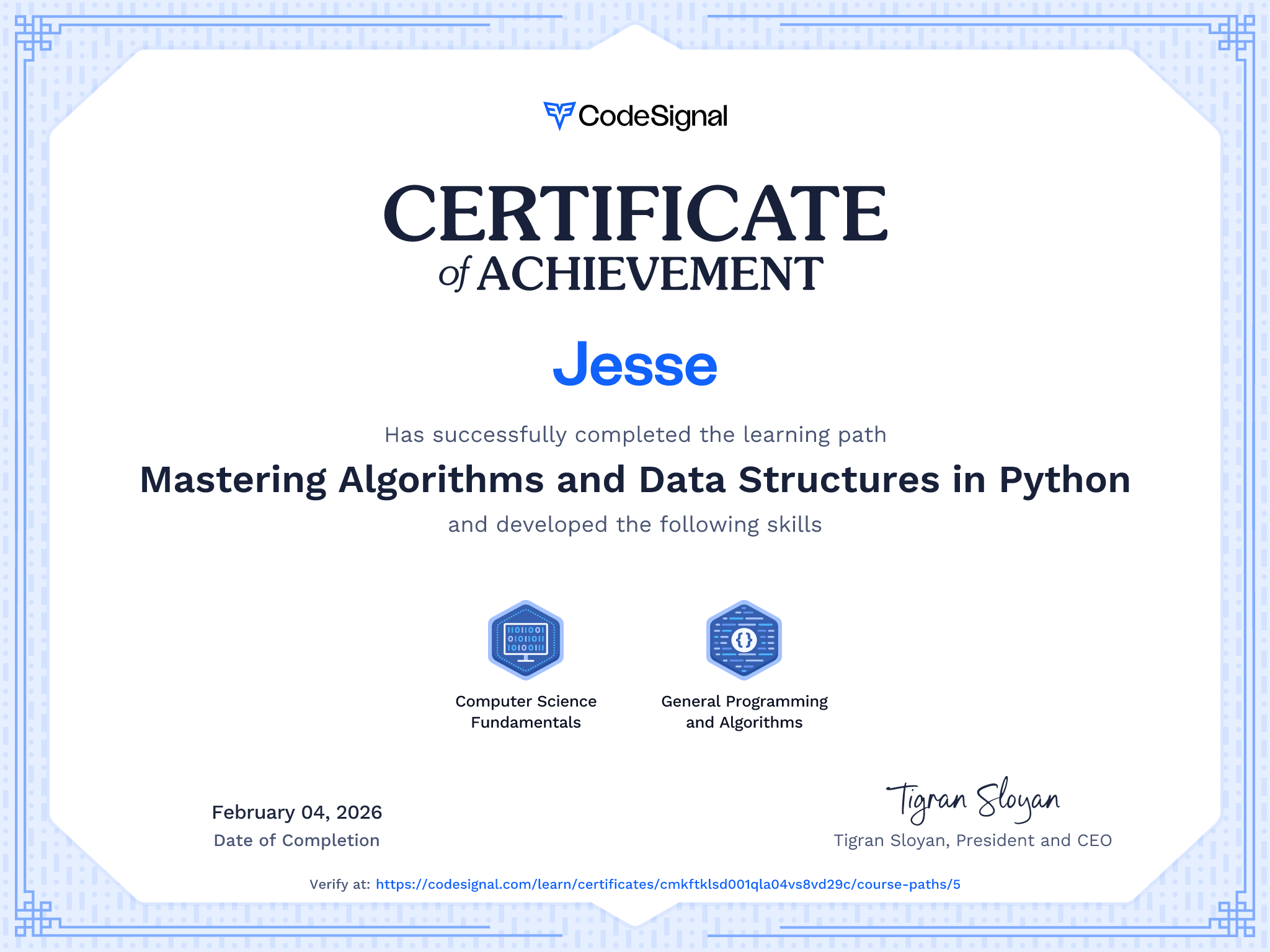 Path Certificate for Mastering Algorithms and Data Structures in Python