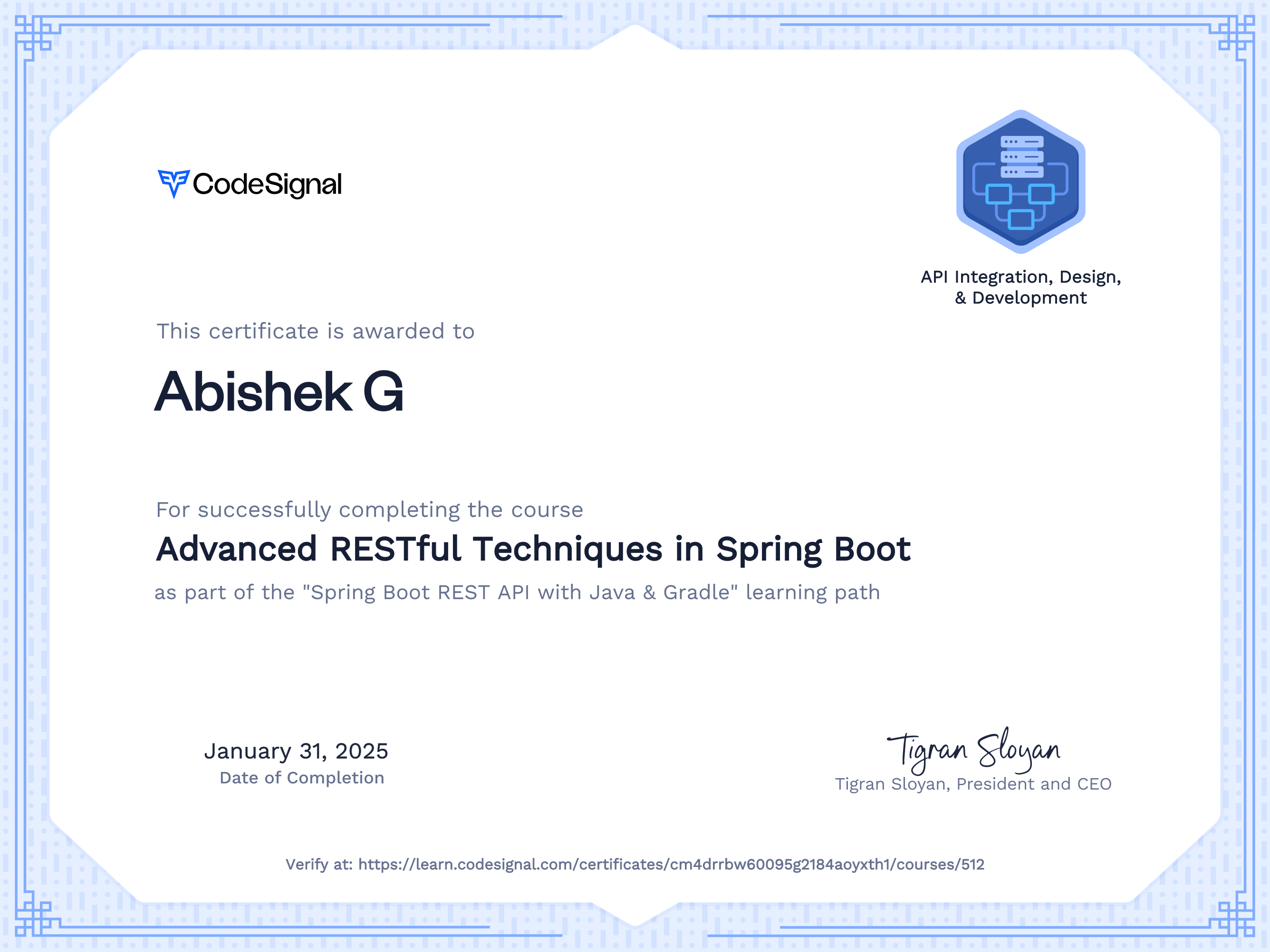 Course certificate for Advanced RESTful Techniques in Spring Boot ...