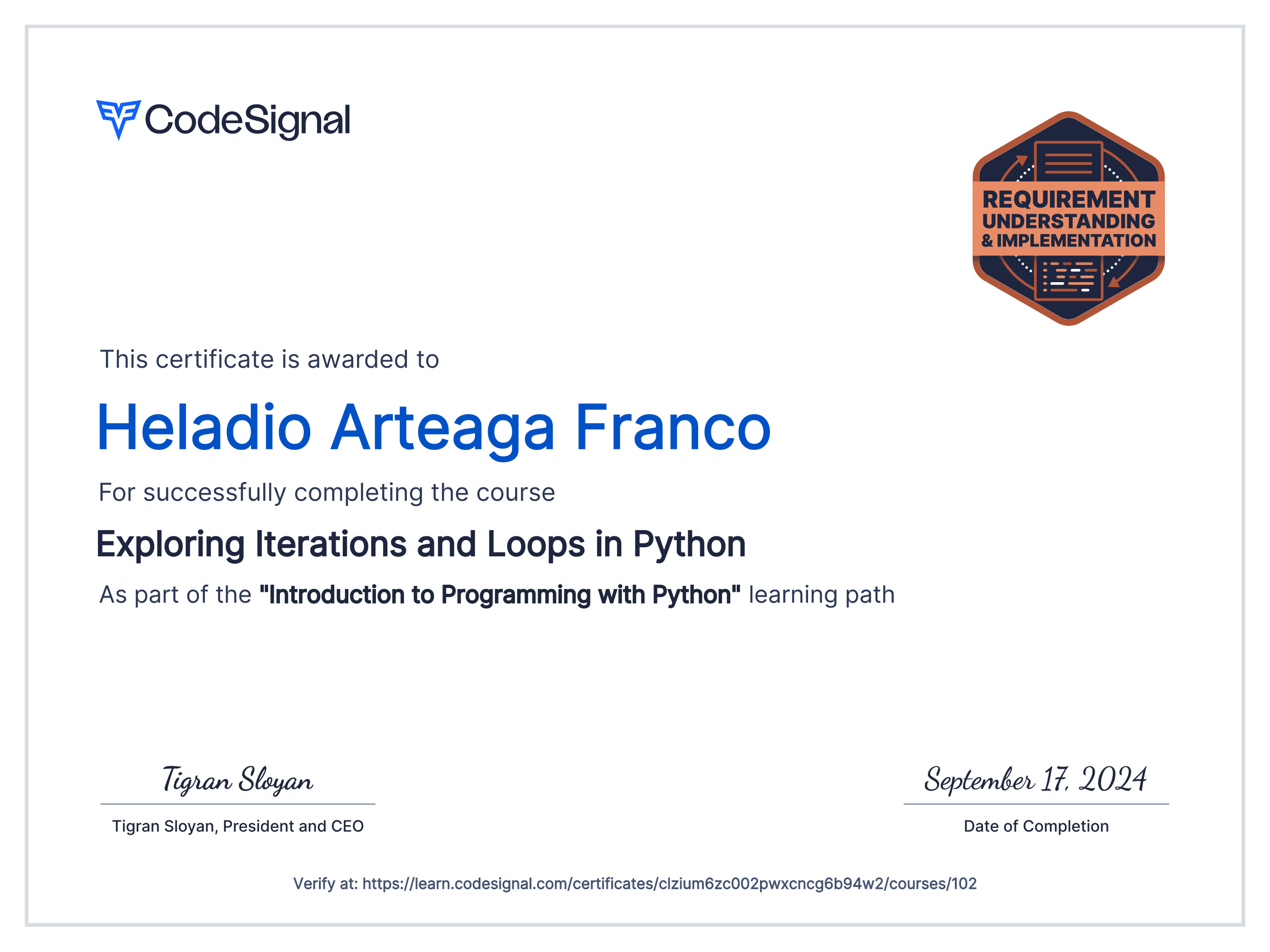 Course certificate for Exploring Iterations and Loops in Python ...
