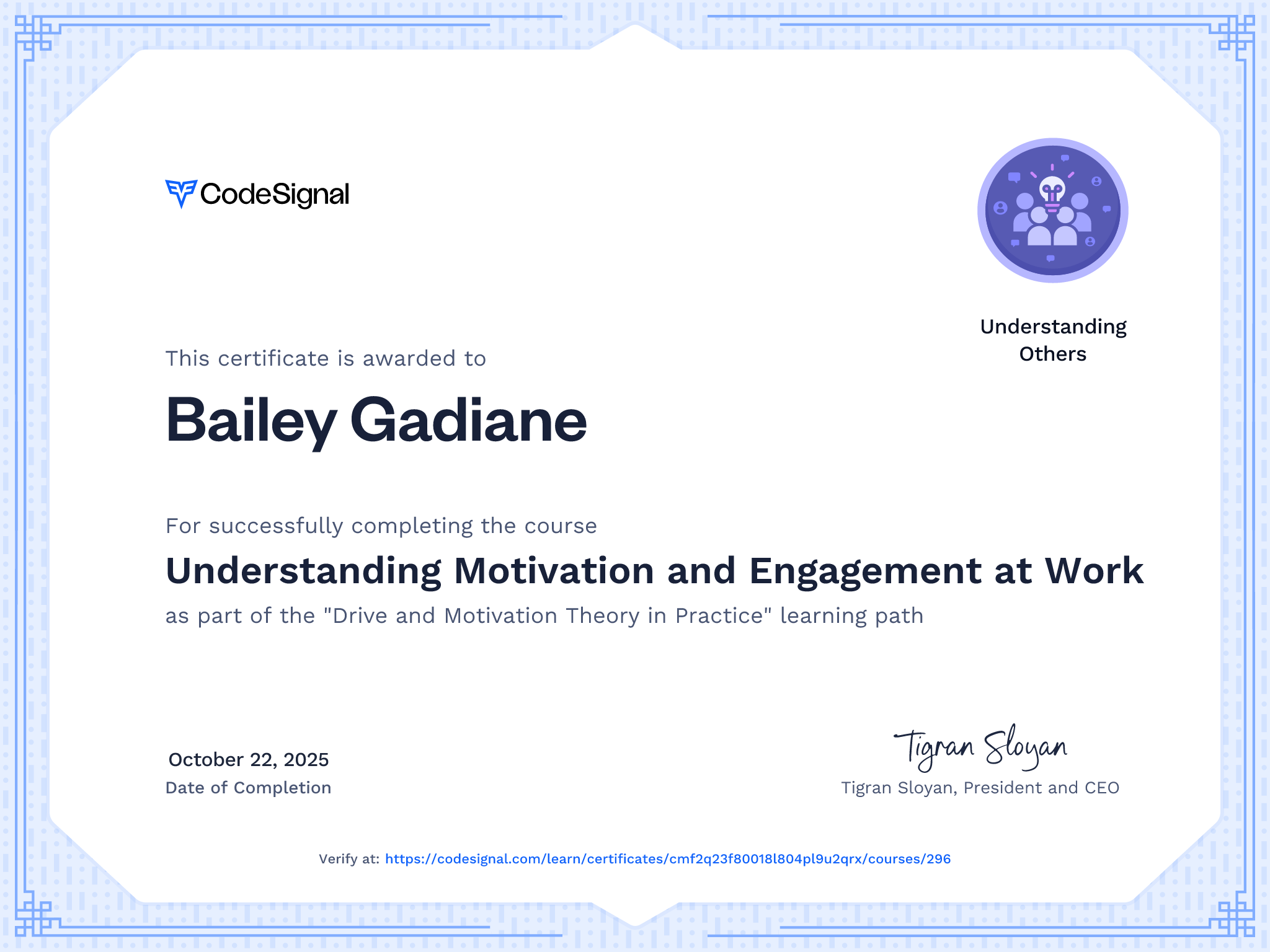 Course Certificate for Understanding Motivation and Engagement at Work