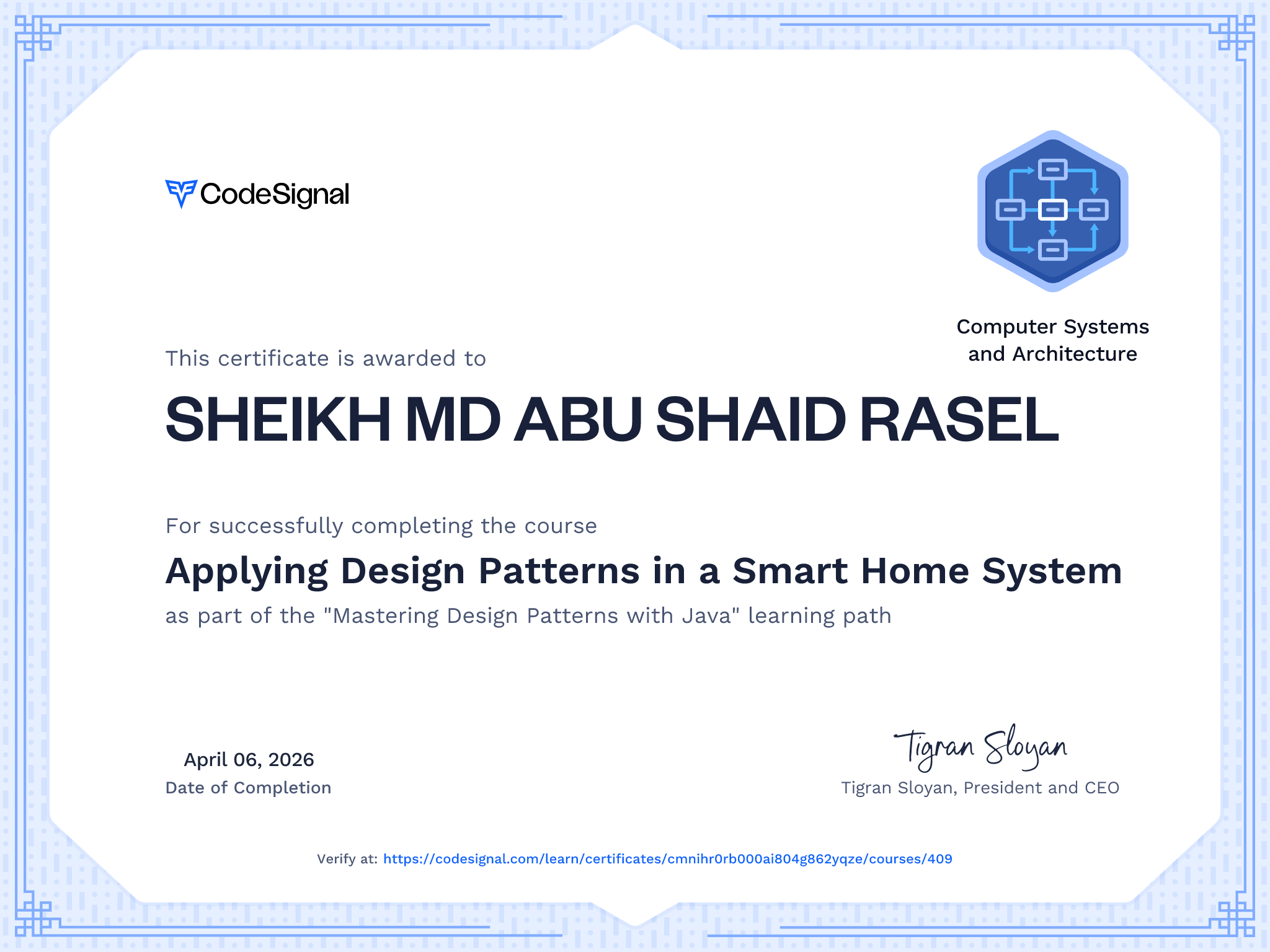 Course certificate for Applying Design Patterns in a Smart Home System ...