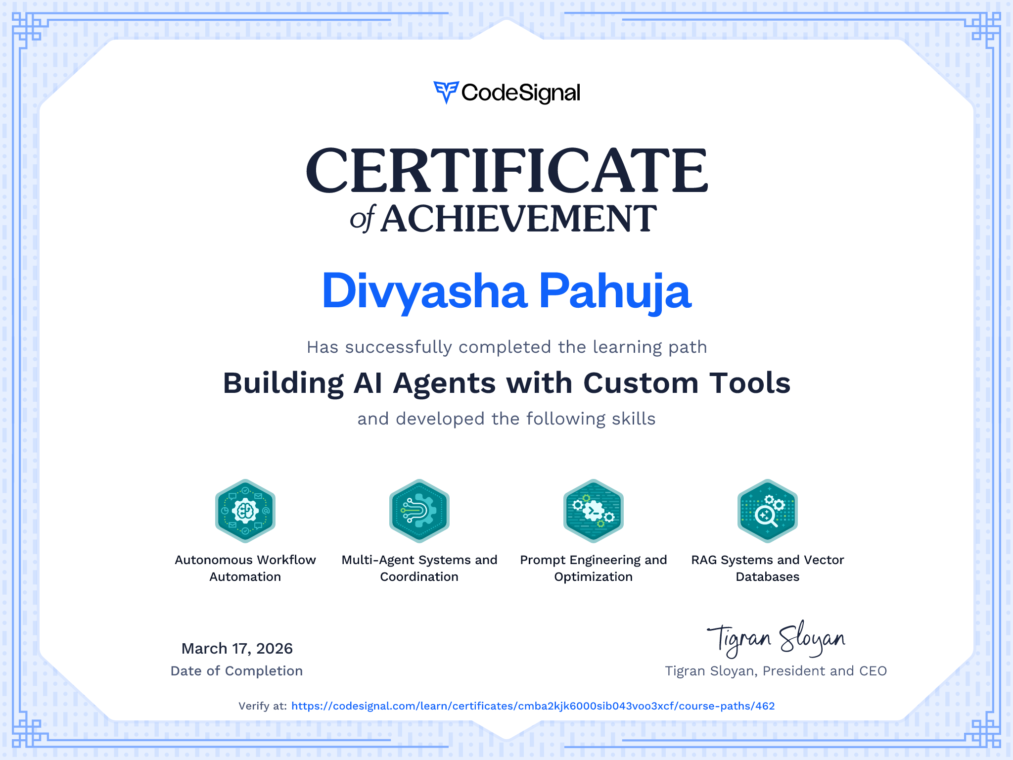 Path certificate for Building AI Agents with Custom Tools | CodeSignal ...
