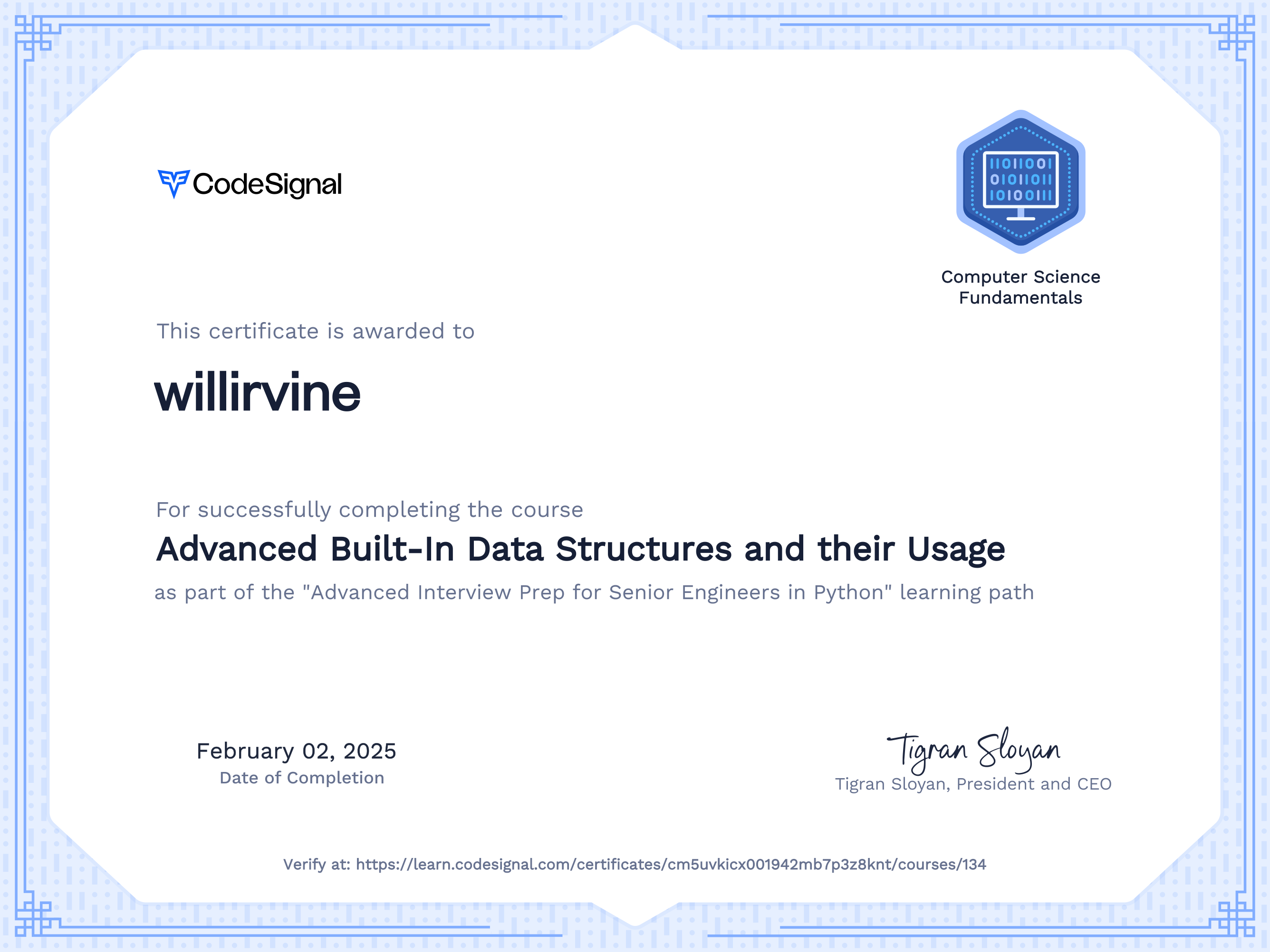Course certificate for Advanced Built-In Data Structures and their ...