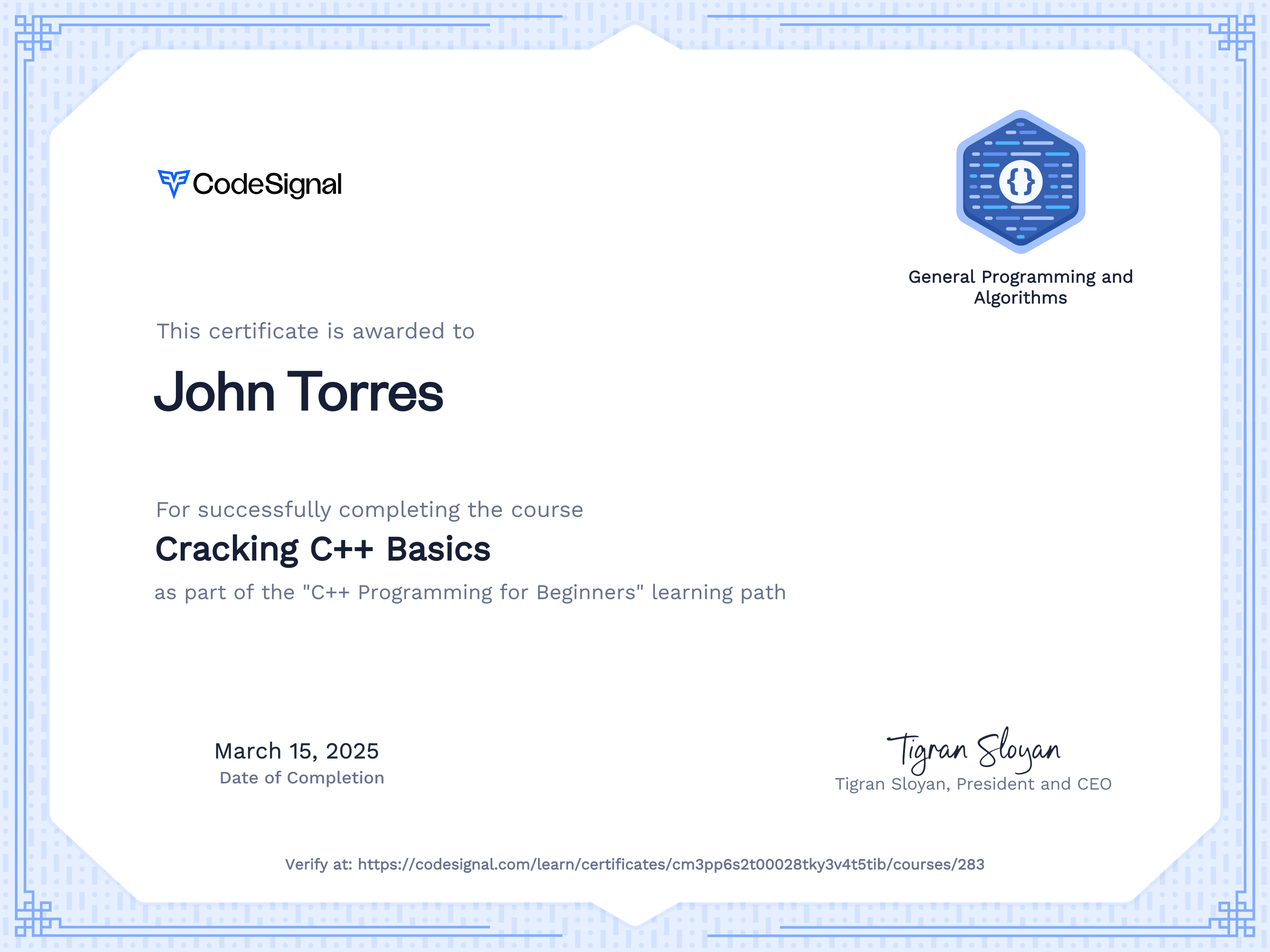 Course Certificate for Cracking C++ Basics