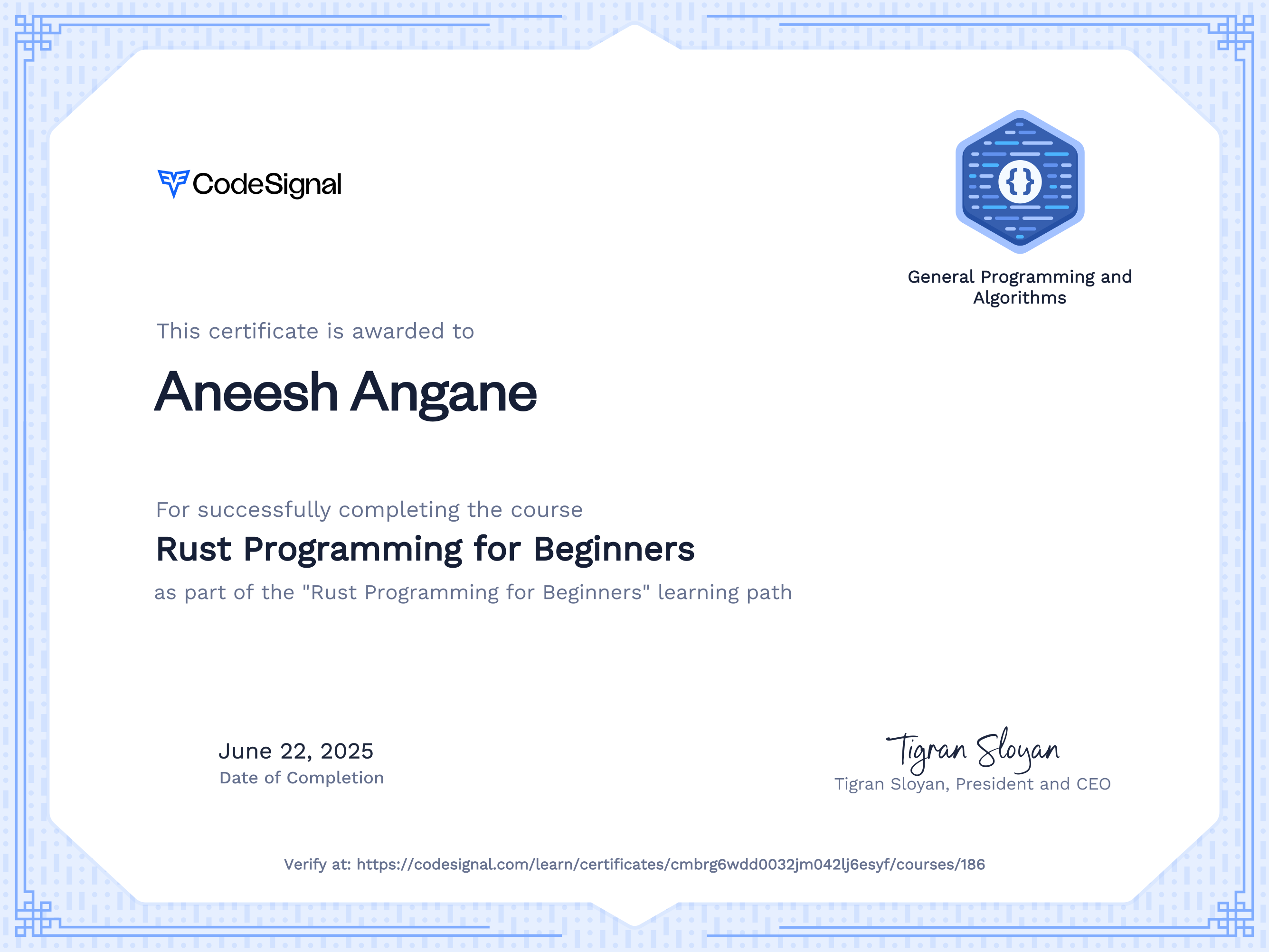 Course Certificate for Rust Programming for Beginners