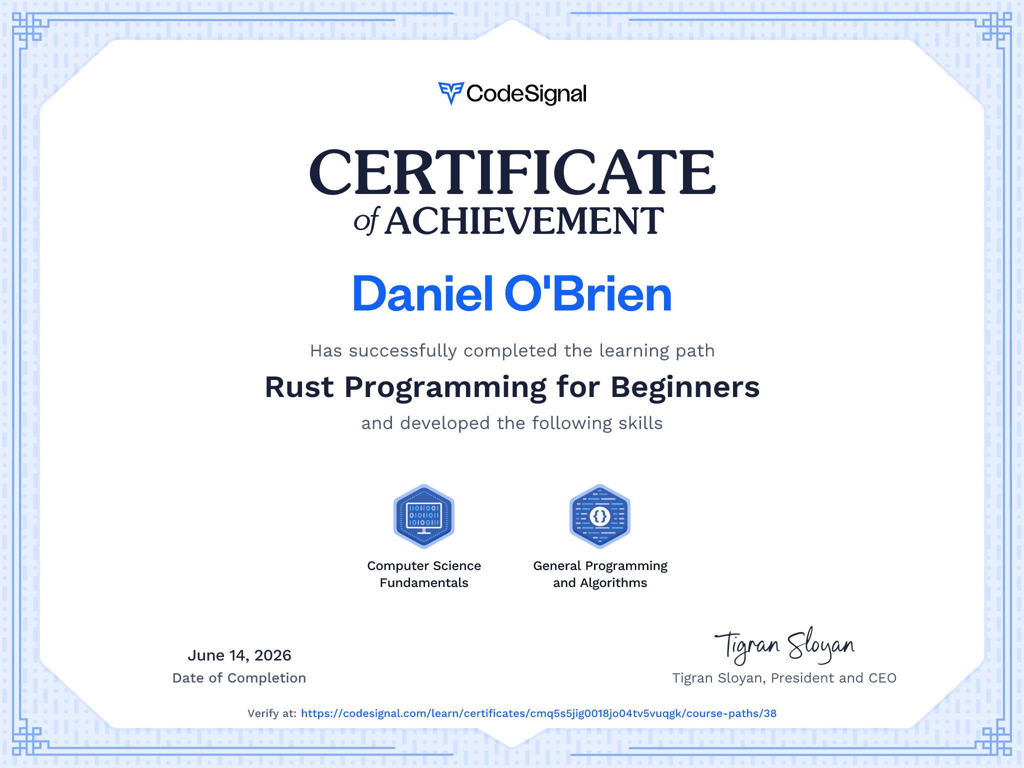 Path Certificate for Rust Programming for Beginners