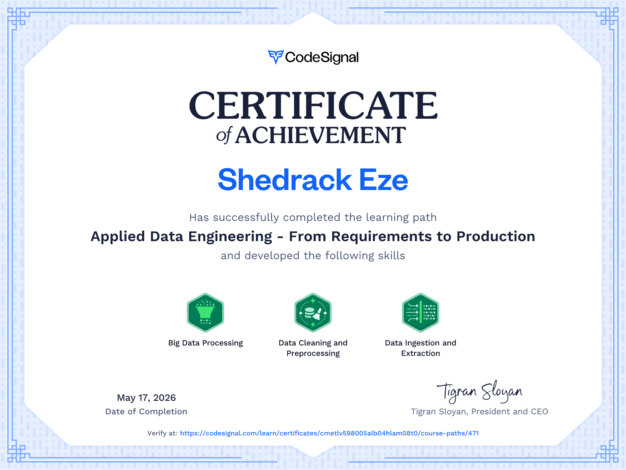Path Certificate for Applied Data Engineering - From Requirements to Production