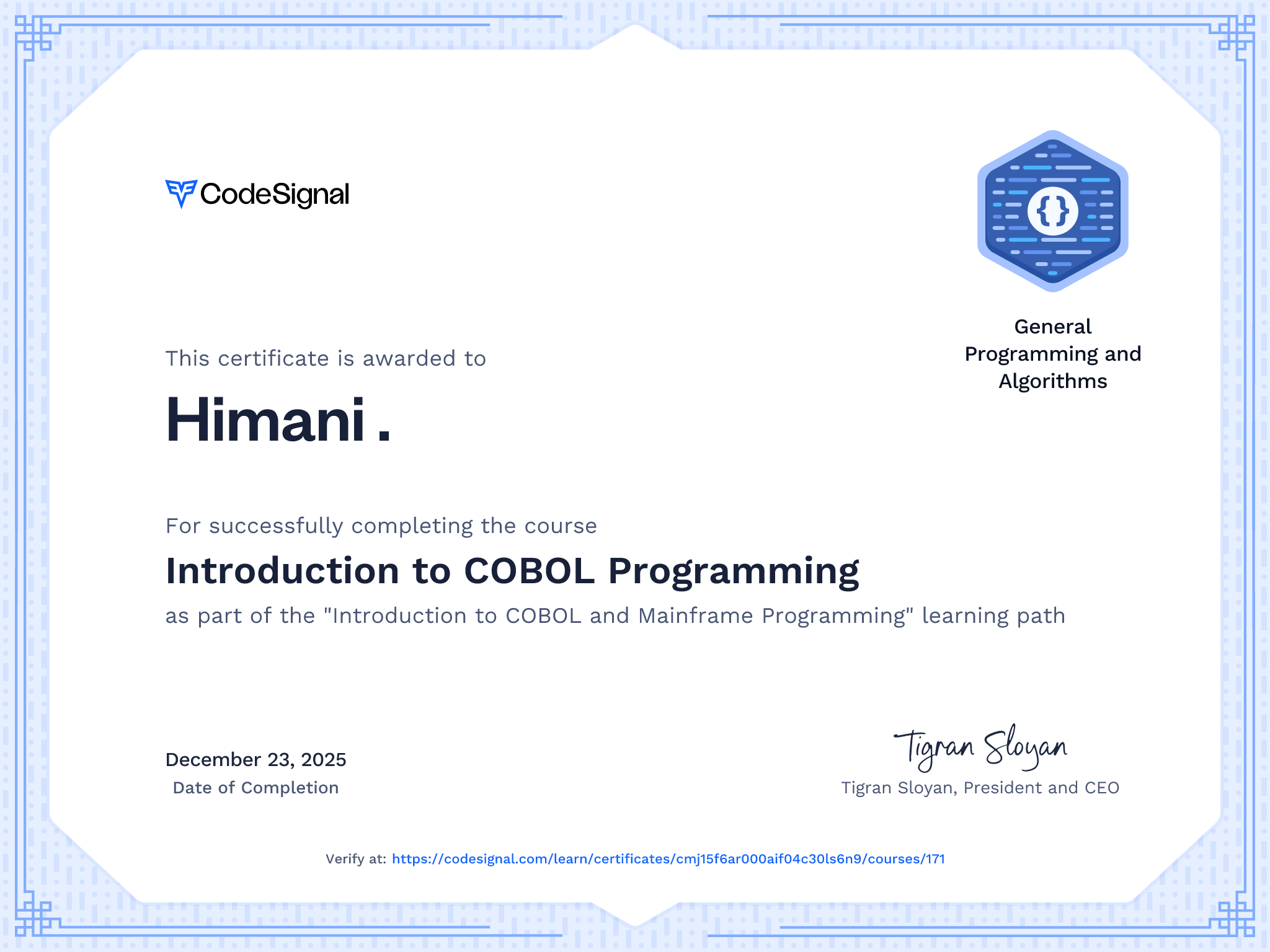 Course Certificate for Introduction to COBOL Programming