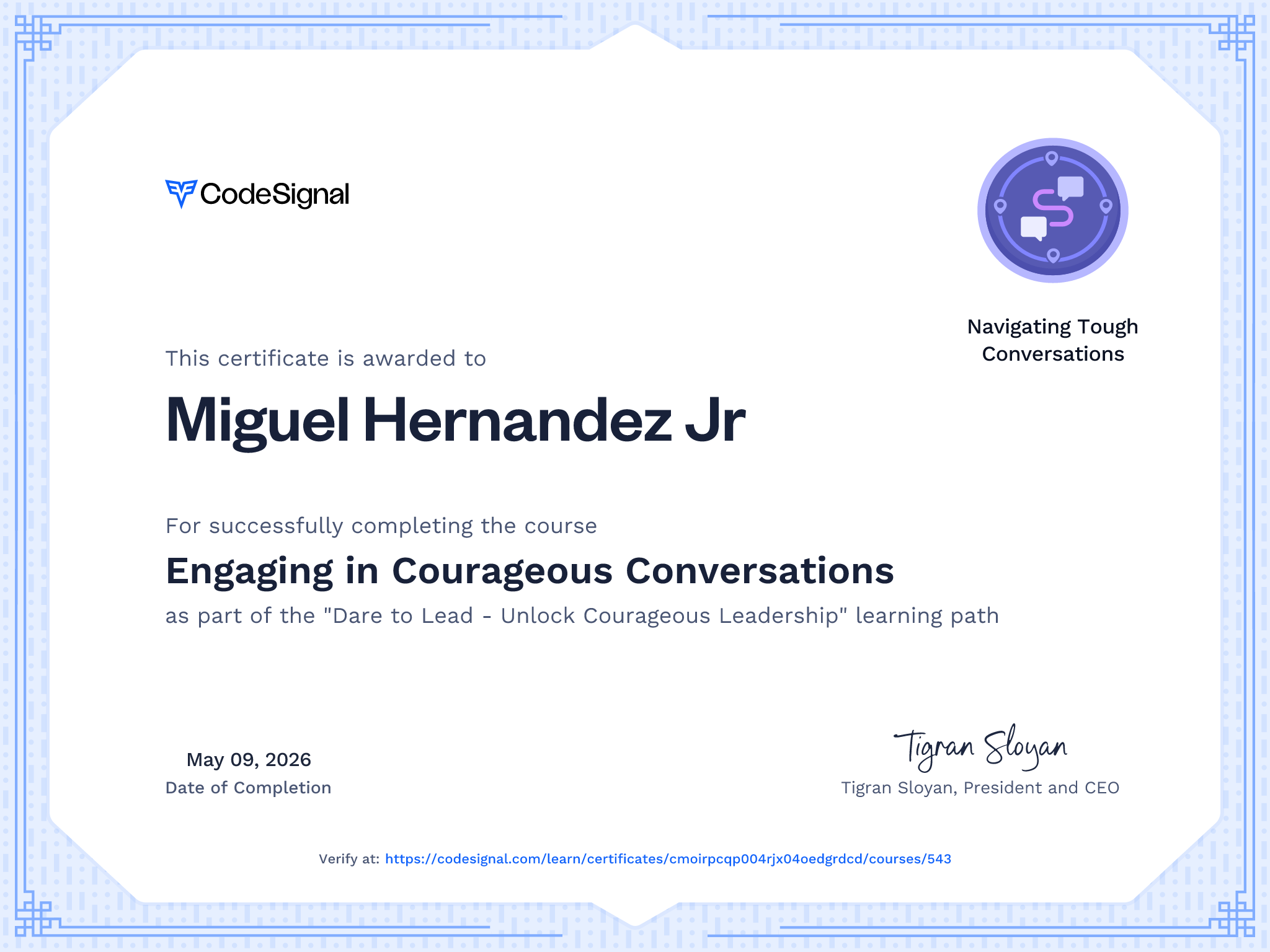 Course certificate for Engaging in Courageous Conversations ...