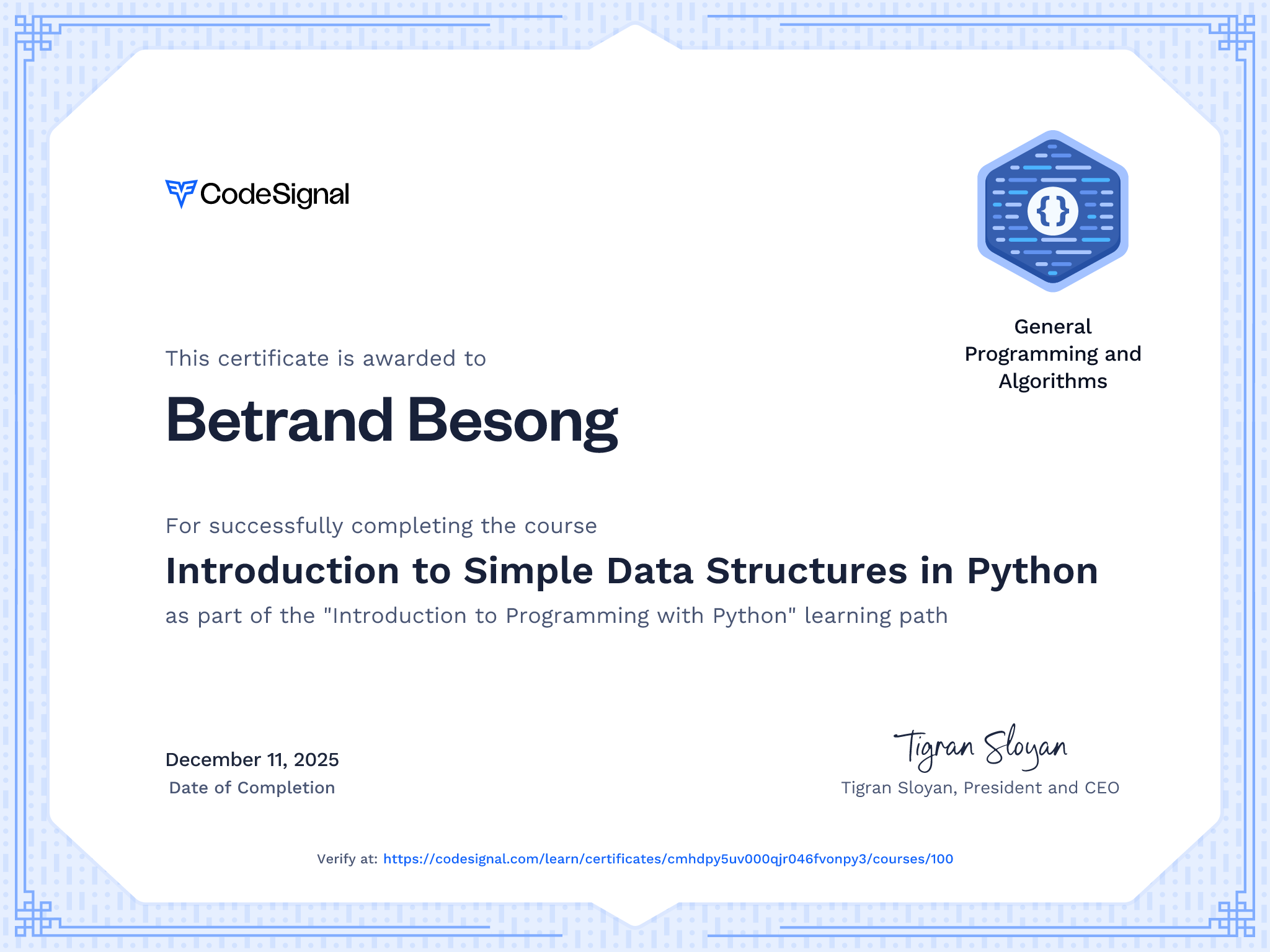 Course certificate for Introduction to Simple Data Structures in Python ...