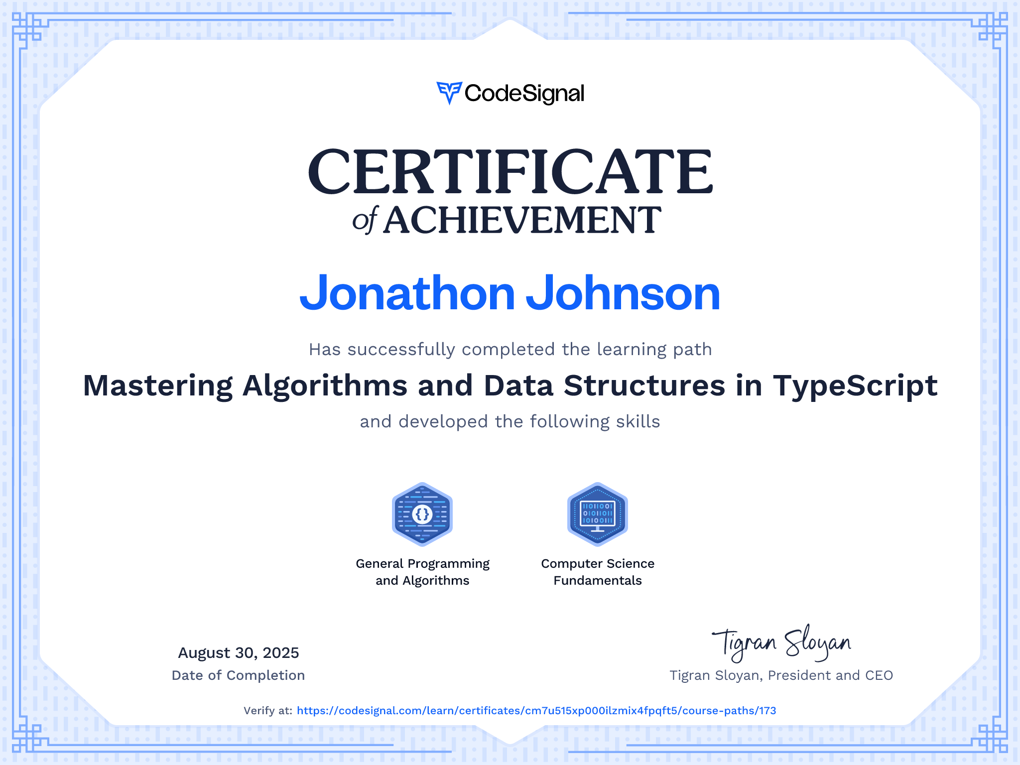 Path certificate for Mastering Algorithms and Data Structures in ...