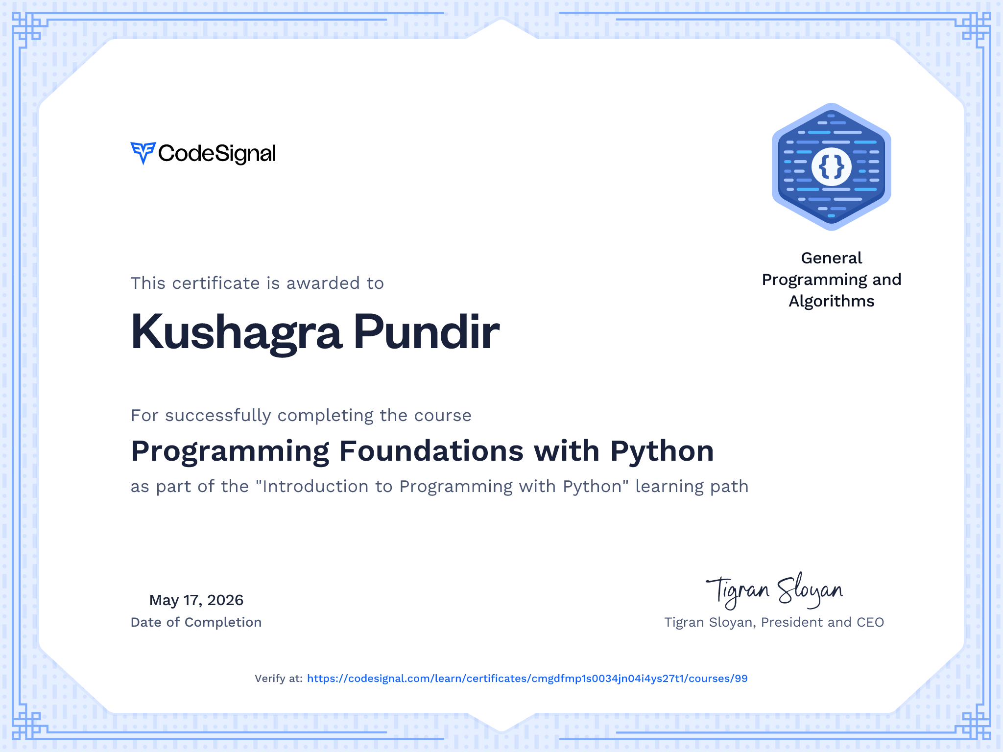 Course certificate for Programming Foundations with Python | CodeSignal ...