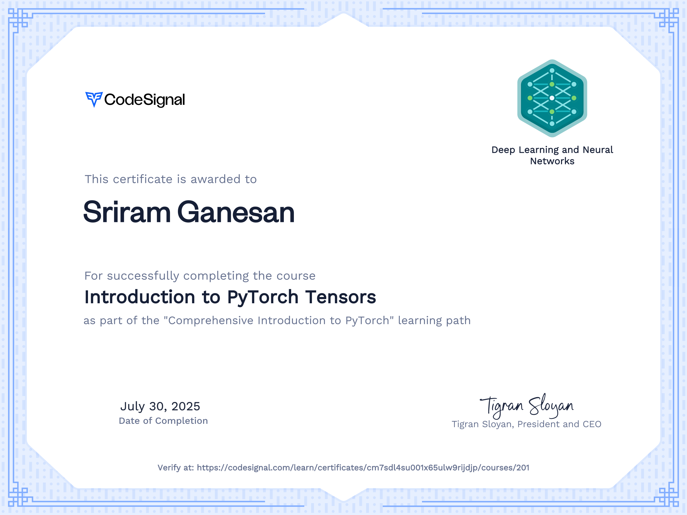 Course Certificate for Introduction to PyTorch Tensors