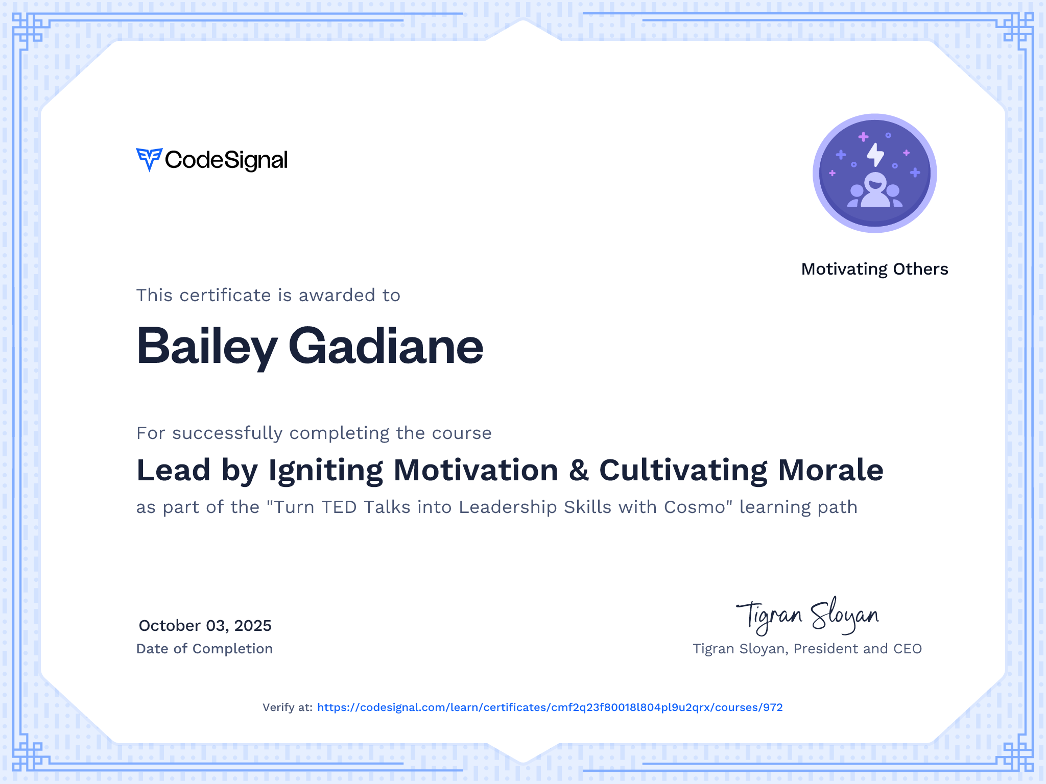 Course Certificate for Lead by Igniting Motivation & Cultivating Morale