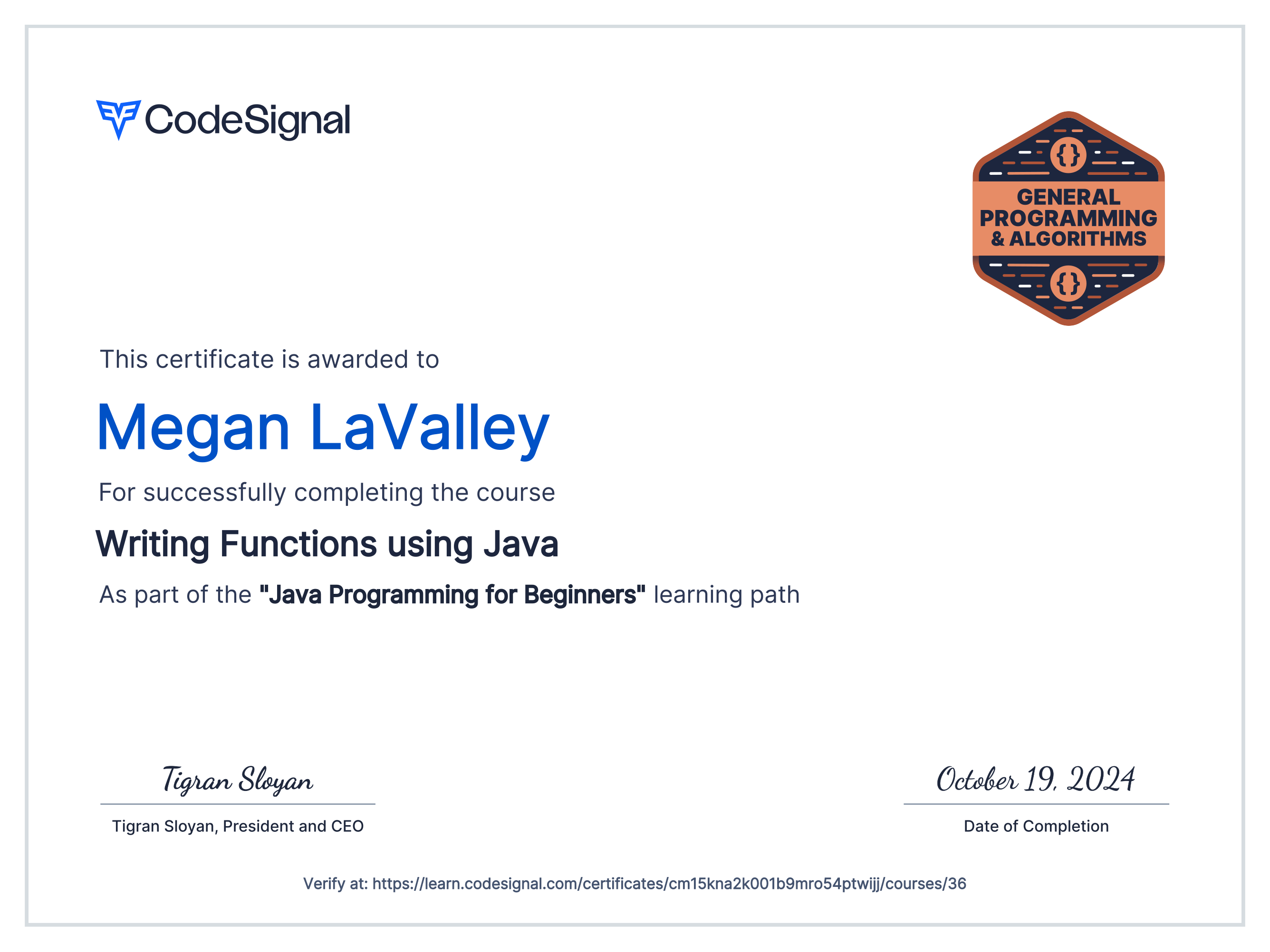 Course Certificate for Writing Functions using Java