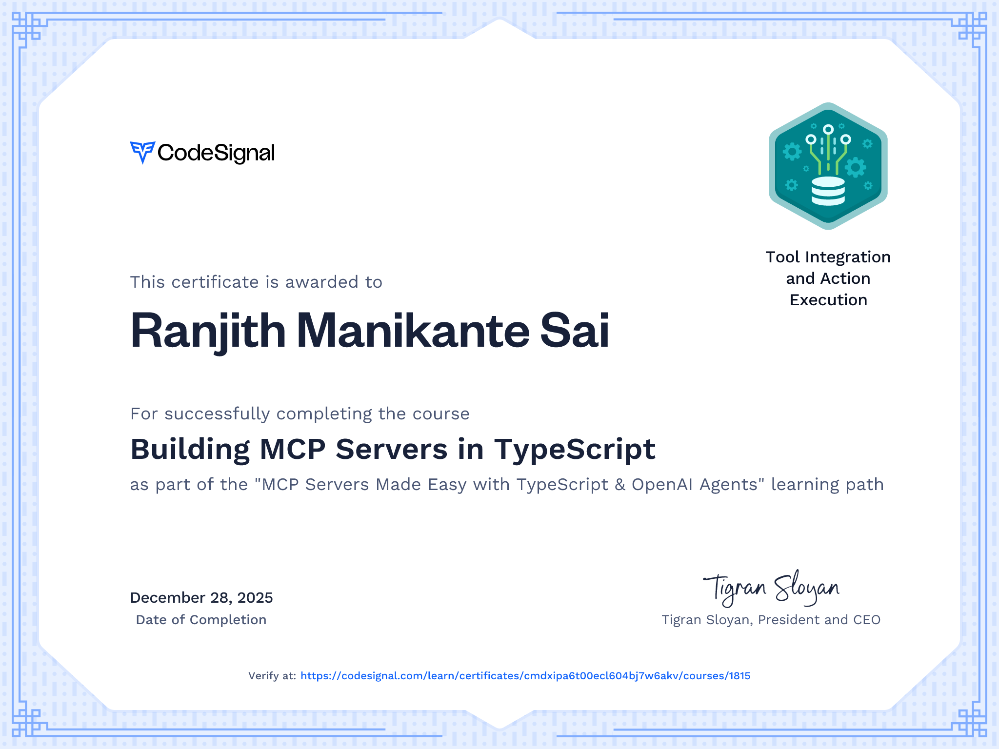 Course certificate for Building MCP Servers in TypeScript | CodeSignal ...