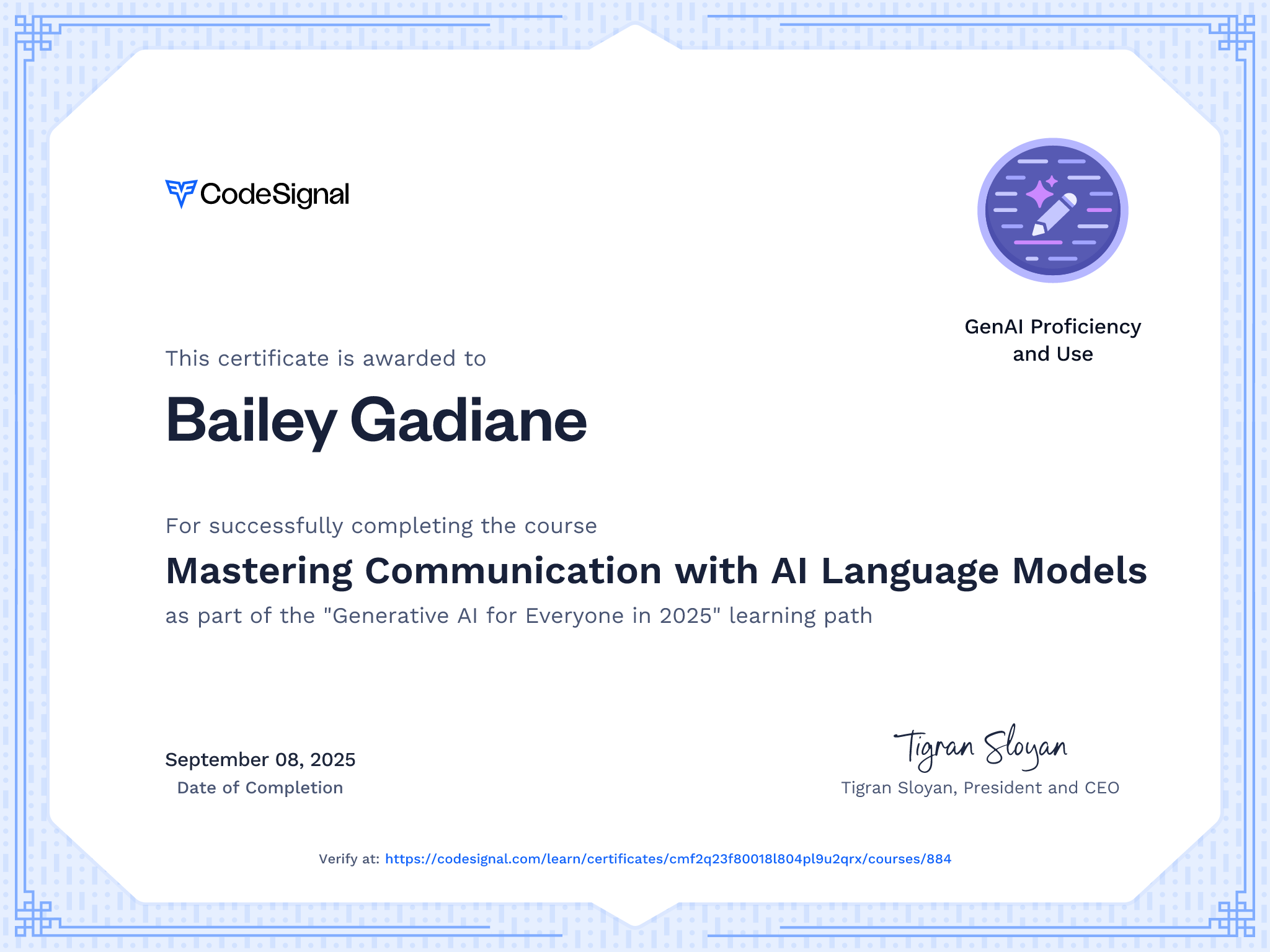 Course Certificate for Mastering Communication with AI Language Models