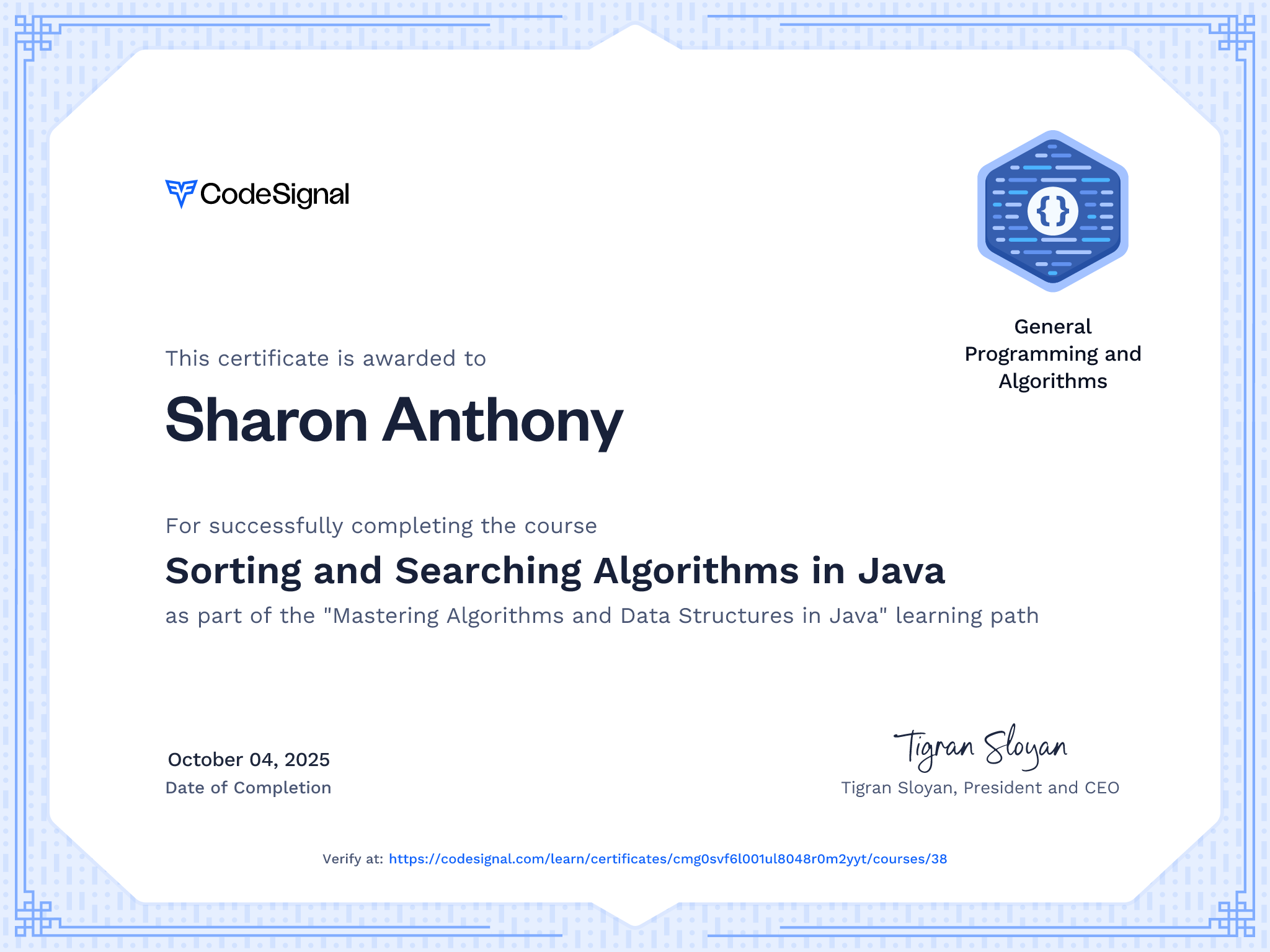 Course certificate for Sorting and Searching Algorithms in Java ...