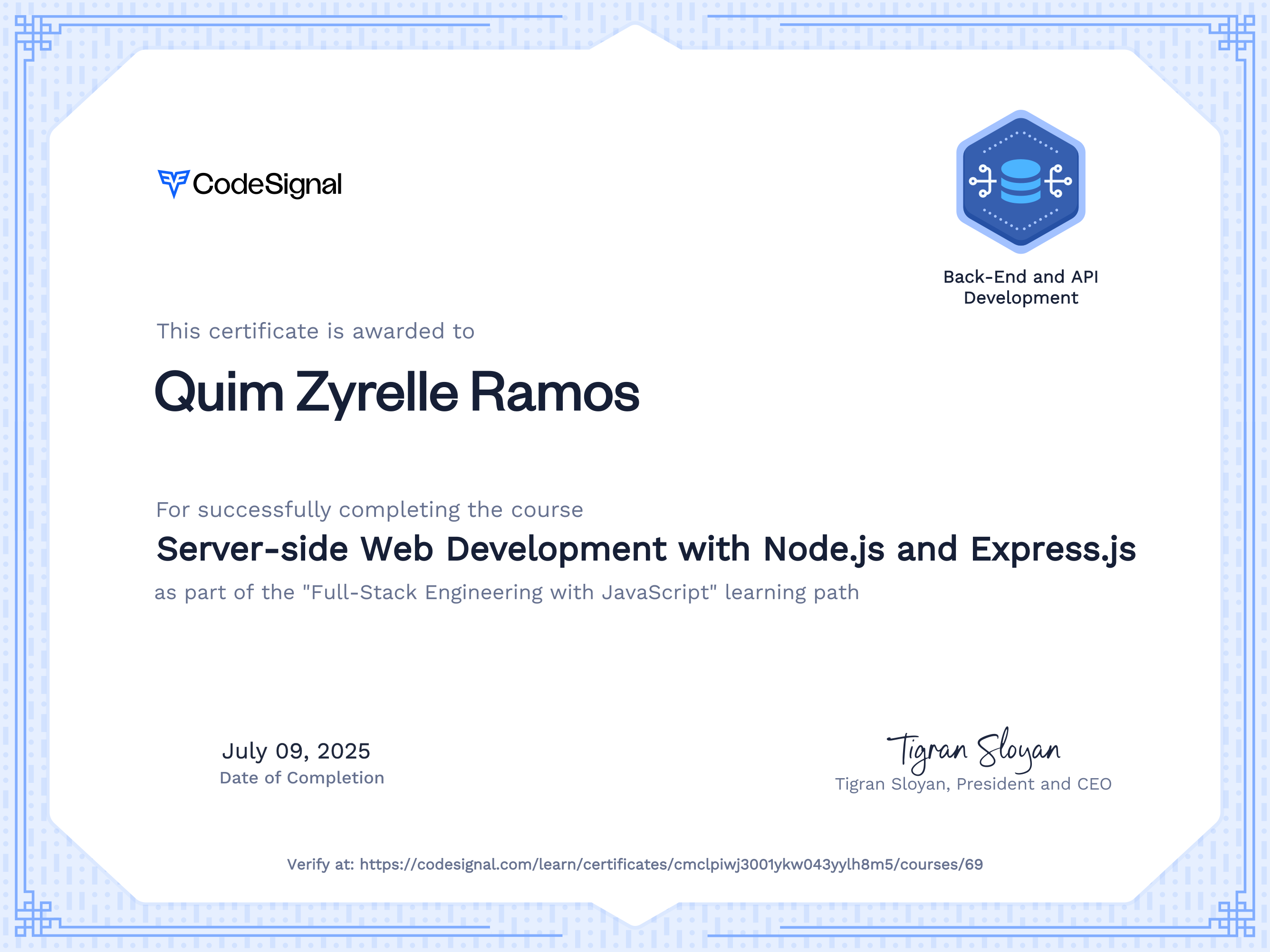 Course certificate for Server-side Web Development with Node.js and ...