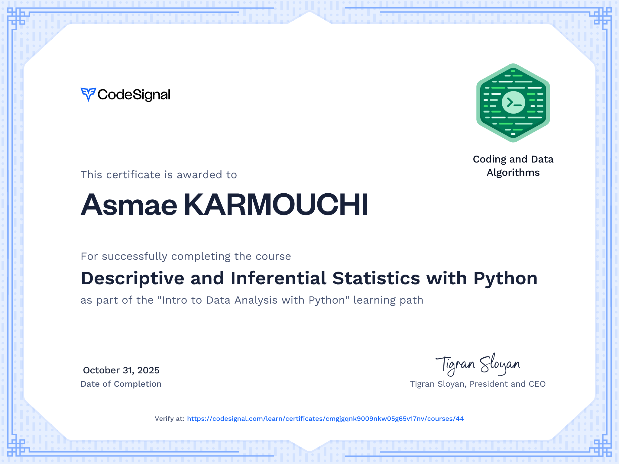 Course certificate for Descriptive and Inferential Statistics with ...
