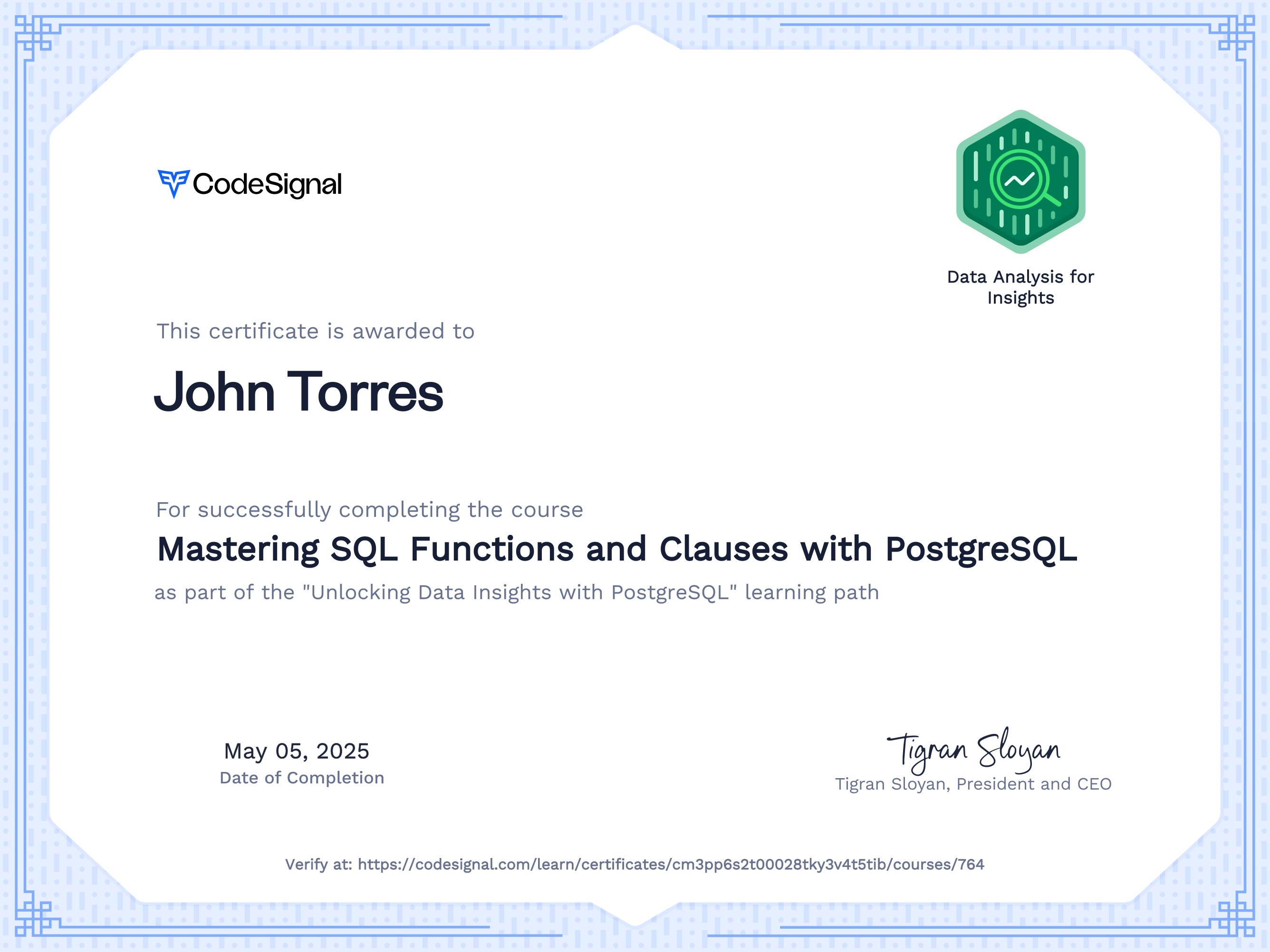 Course Certificate for Mastering SQL Functions and Clauses with PostgreSQL