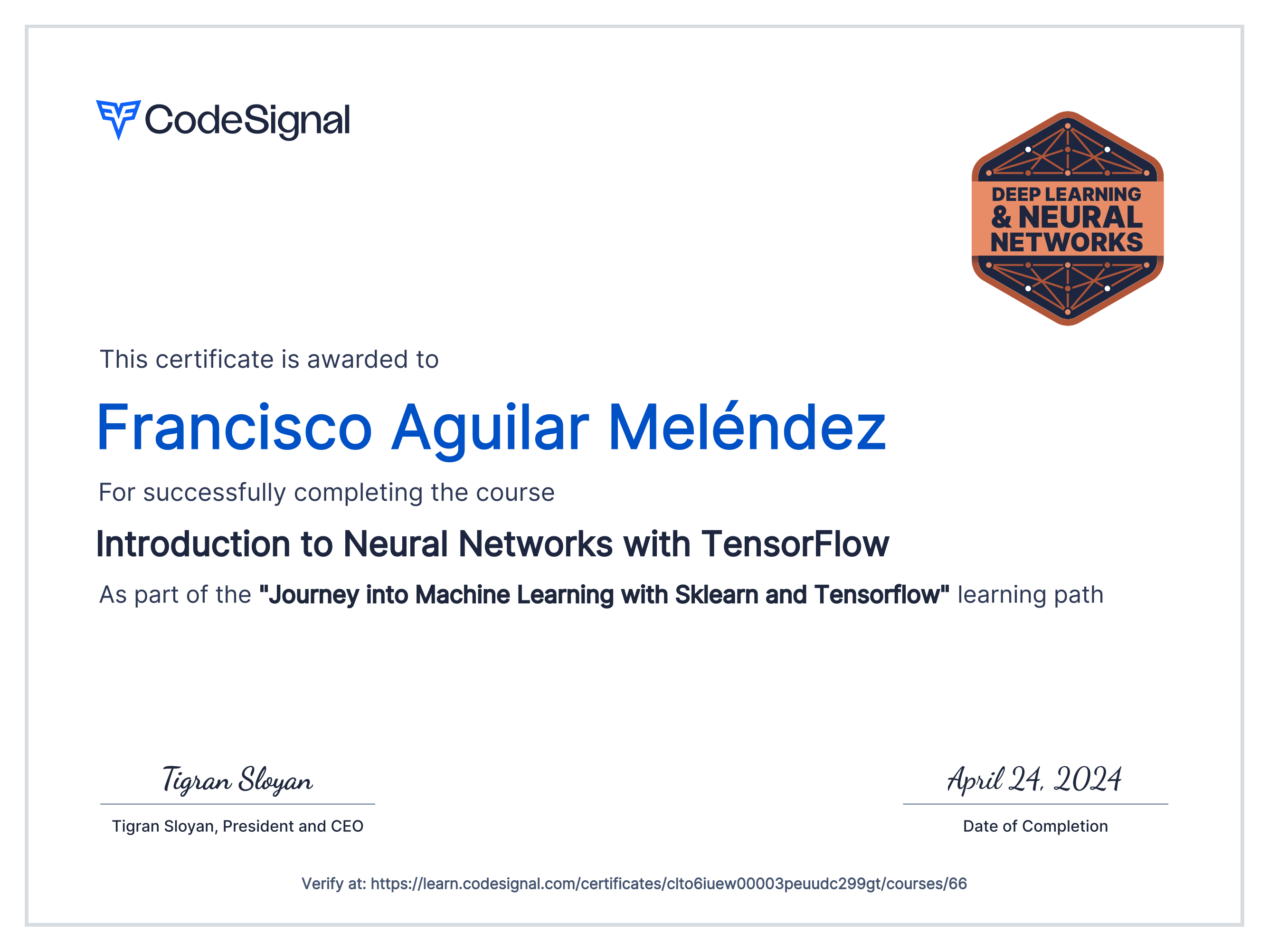 Course certificate for introduction to neural networks with tensorflow