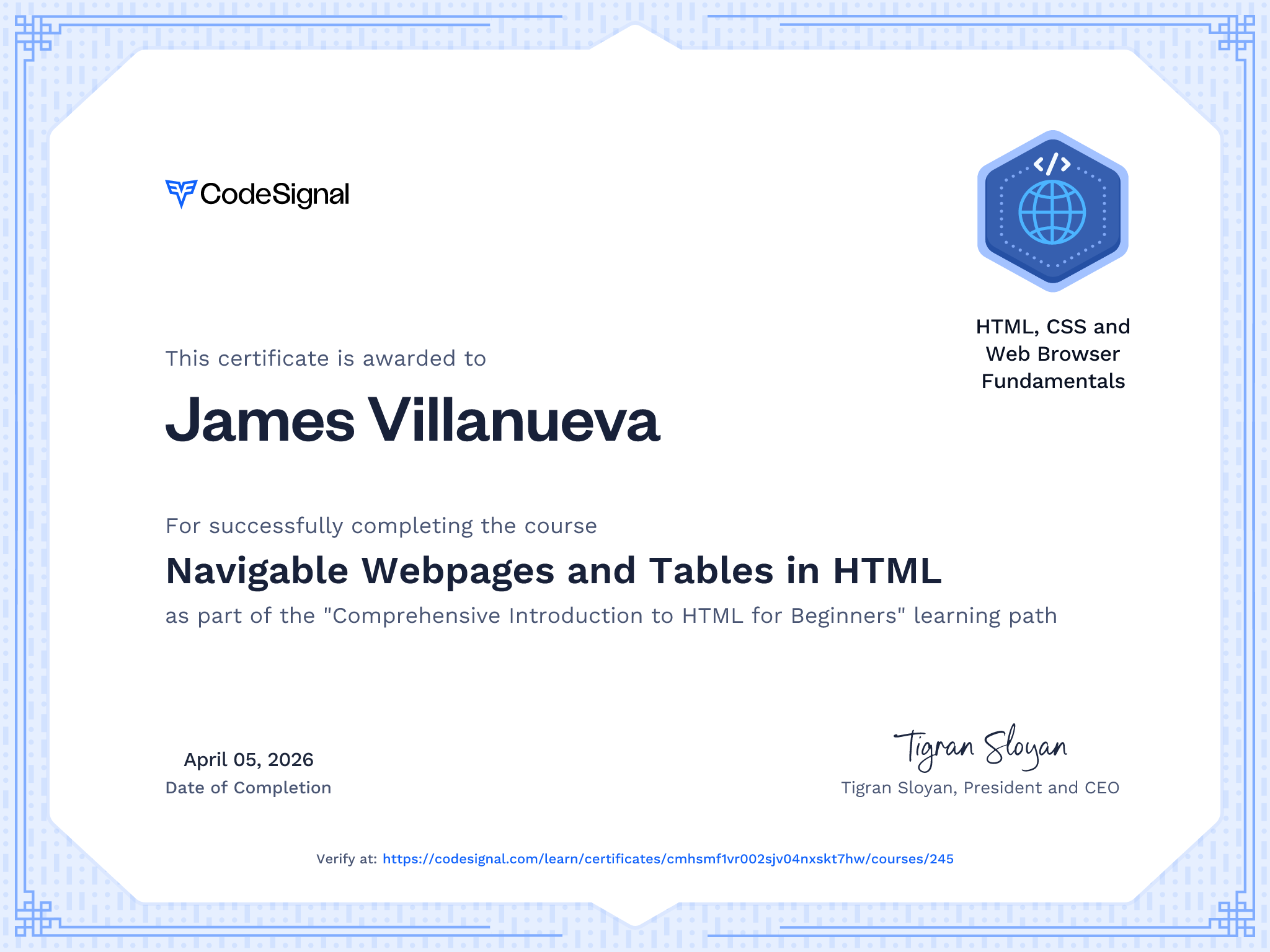 Course Certificate for Navigable Webpages and Tables in HTML
