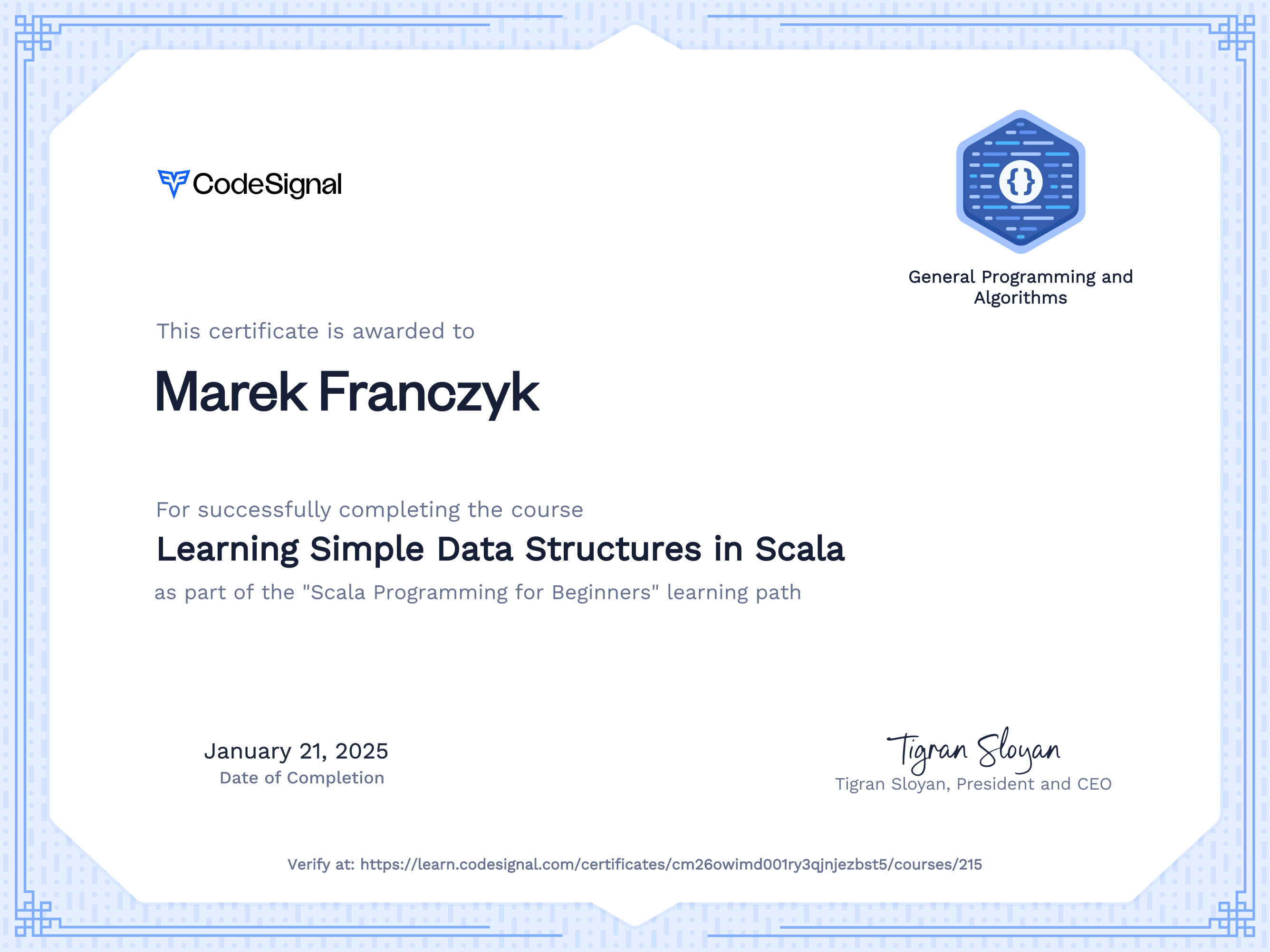Course certificate for Learning Simple Data Structures in Scala ...