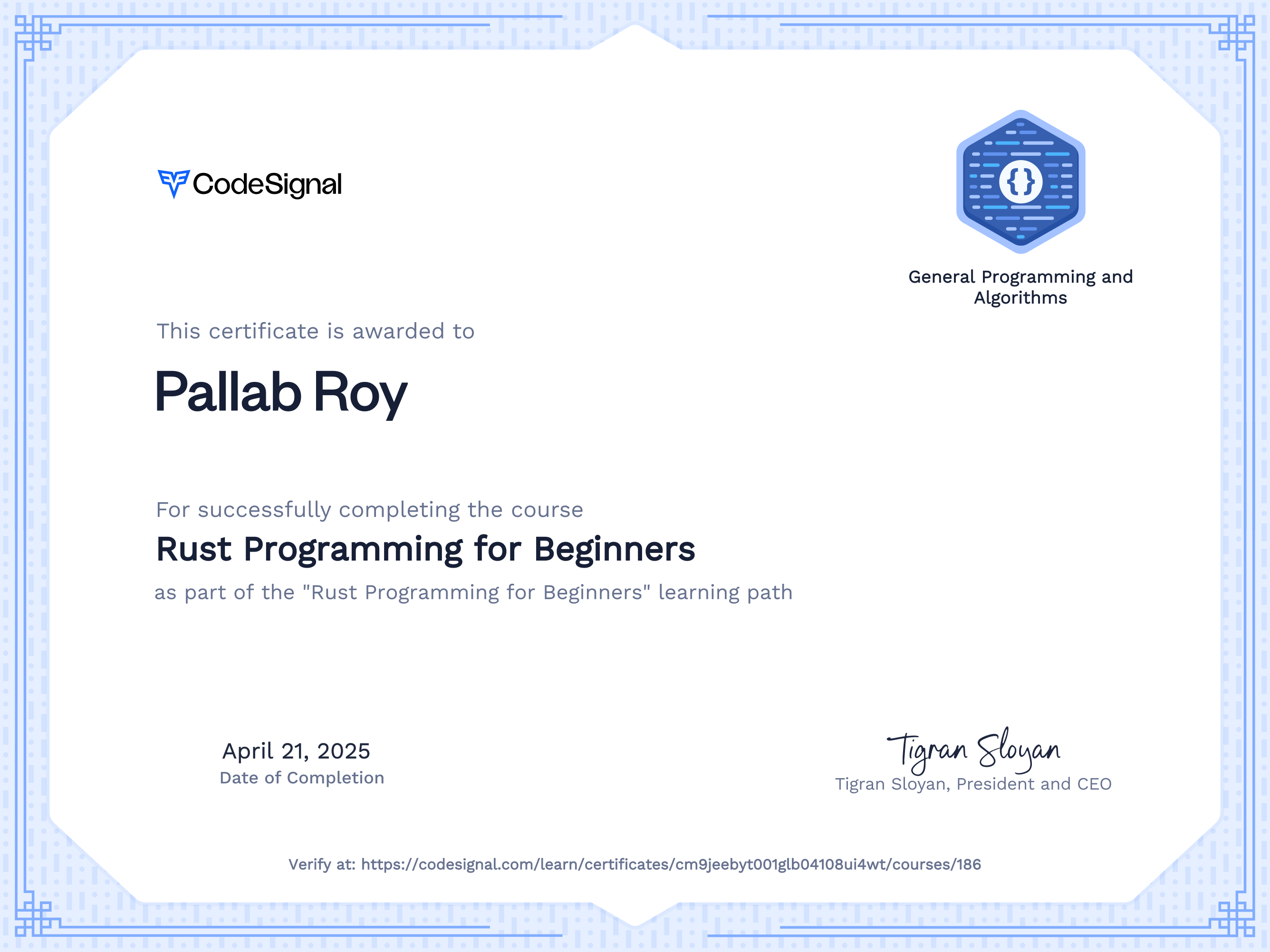 Course Certificate for Rust Programming for Beginners