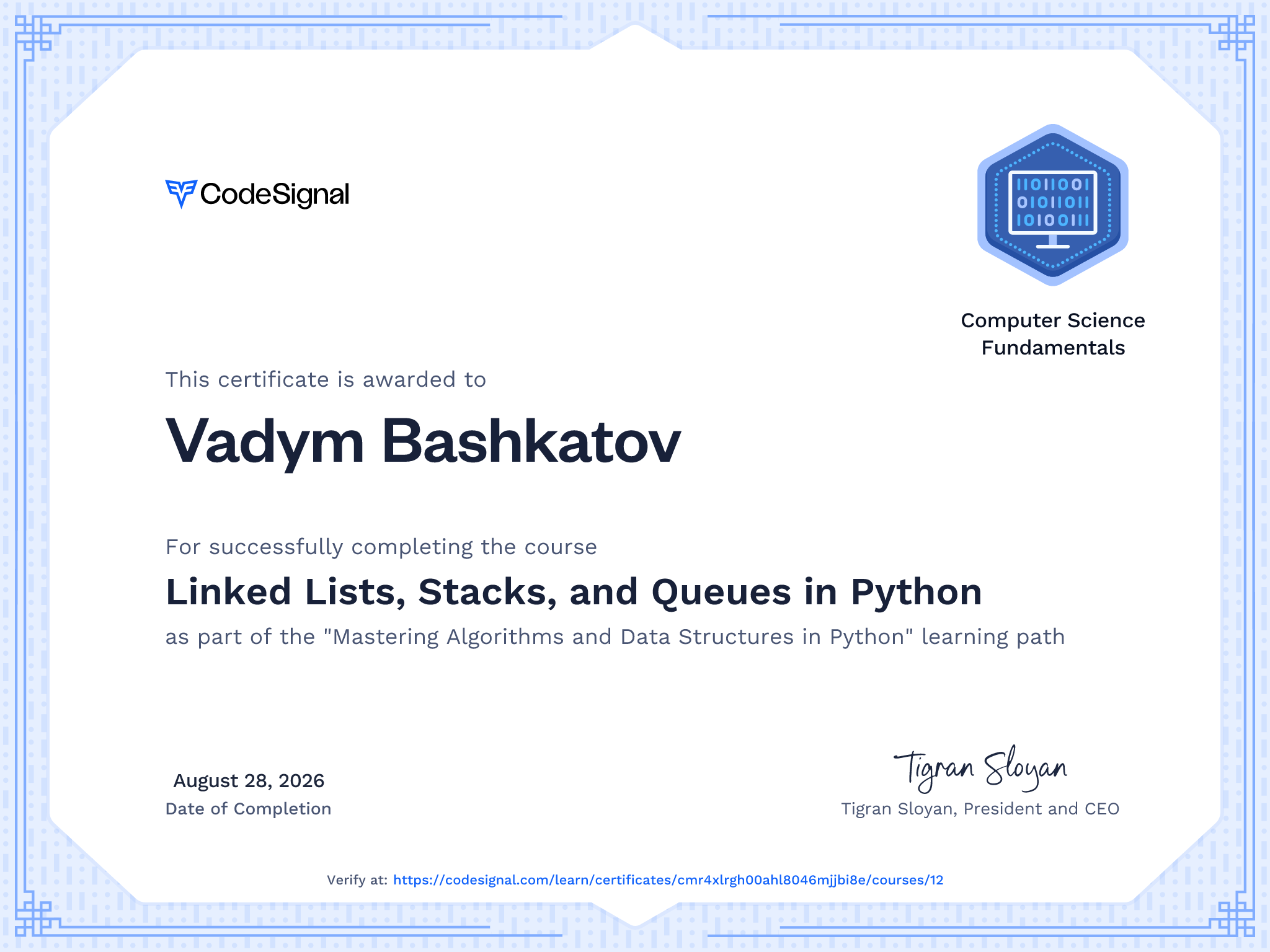 Course Certificate for Linked Lists, Stacks, and Queues in Python