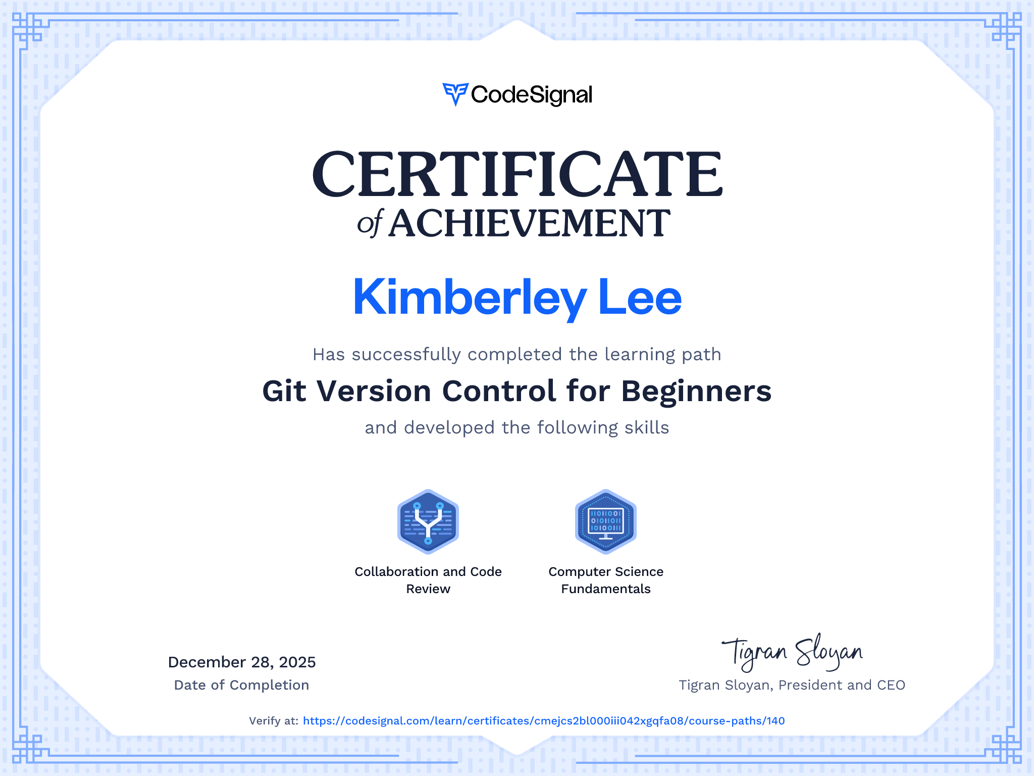 Path certificate for Git Version Control for Beginners | CodeSignal Learn