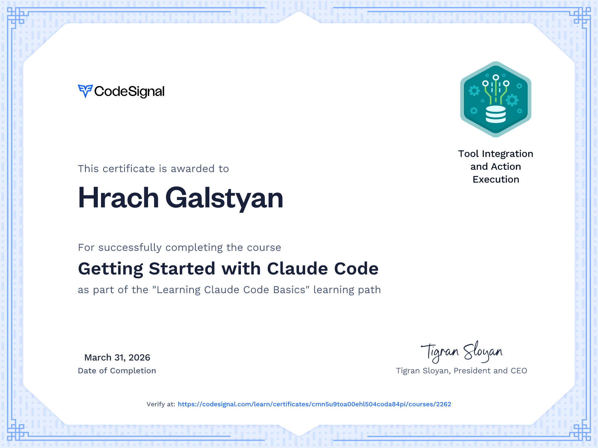 Course certificate for Getting Started with Claude Code | CodeSignal Learn
