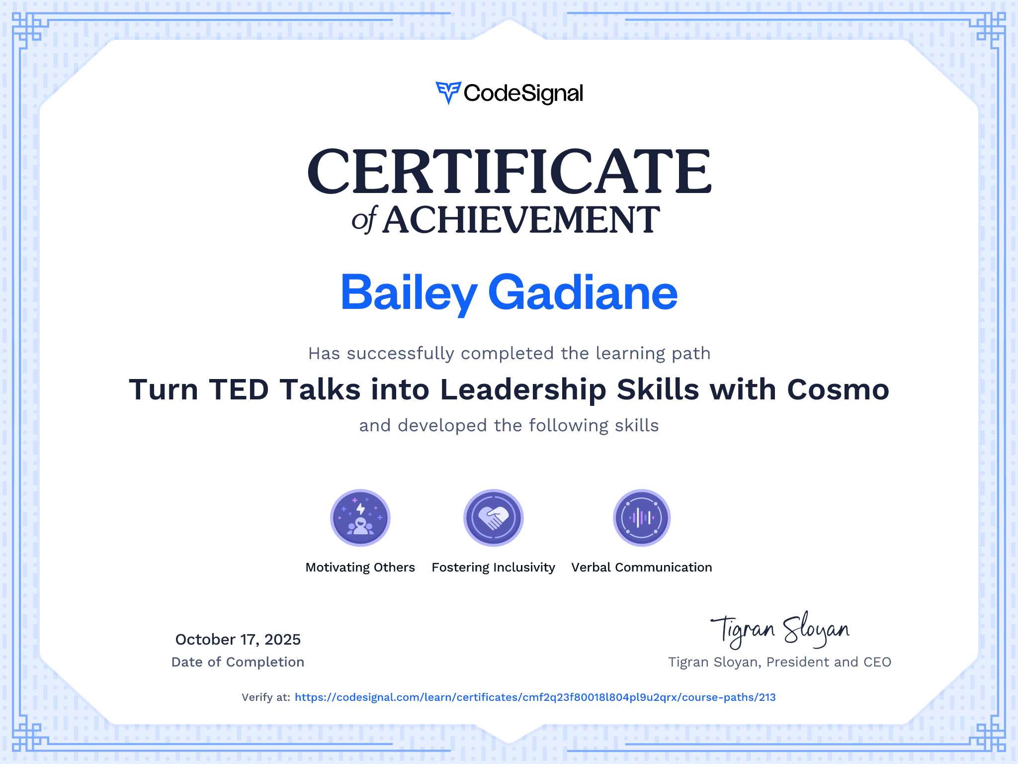 Path Certificate for Turn TED Talks into Leadership Skills with Cosmo