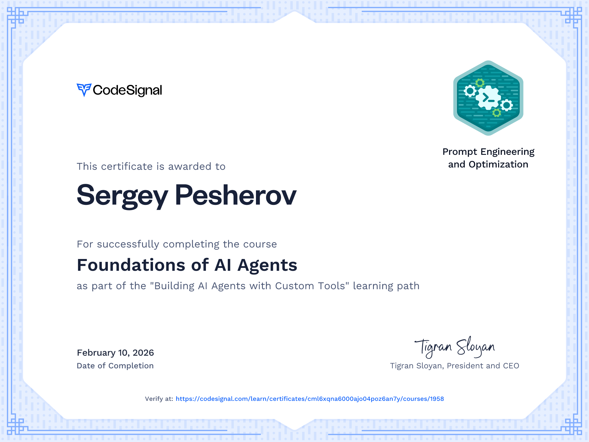 Course Certificate for Foundations of AI Agents