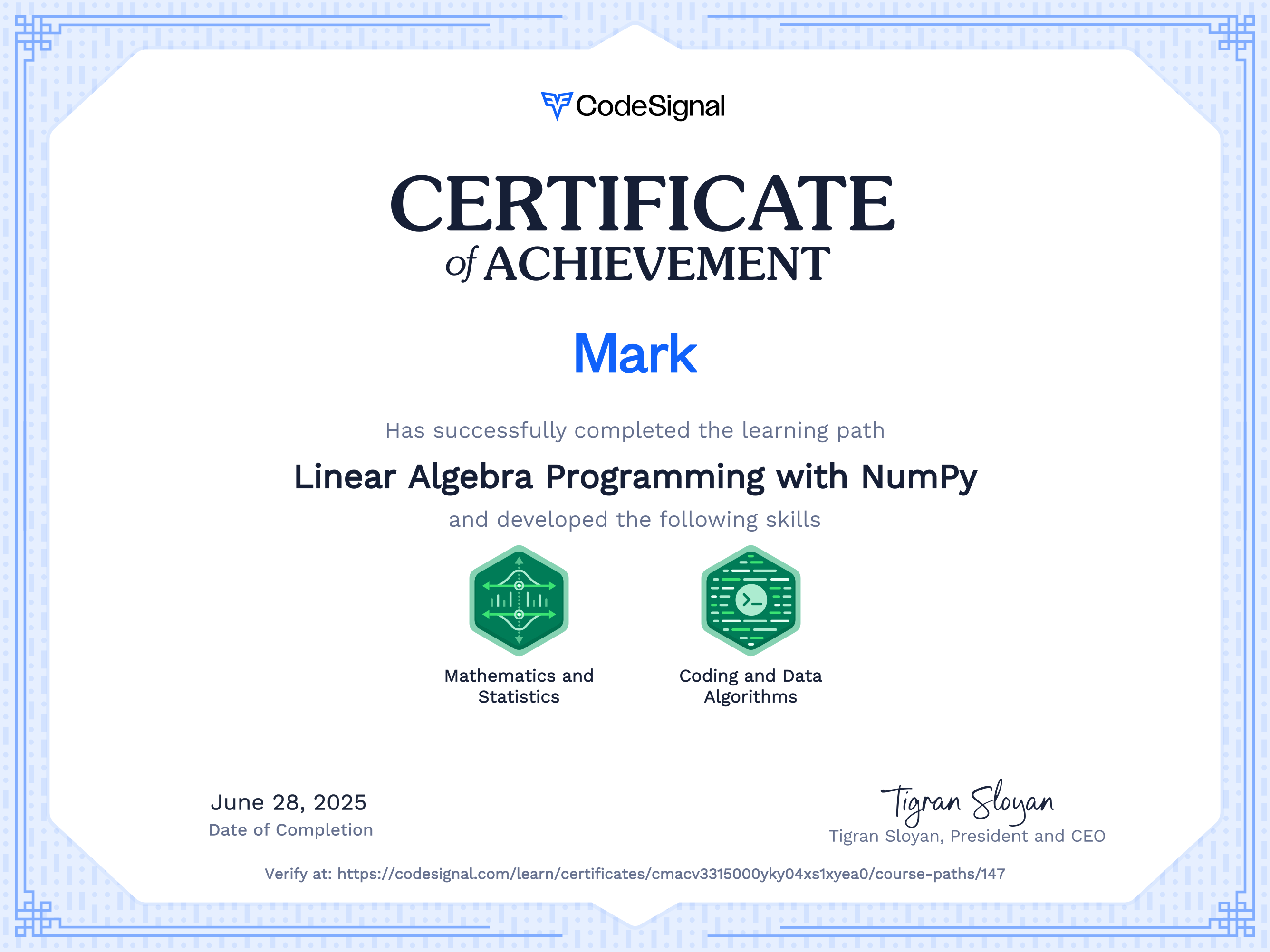 Path Certificate for Linear Algebra Programming with NumPy