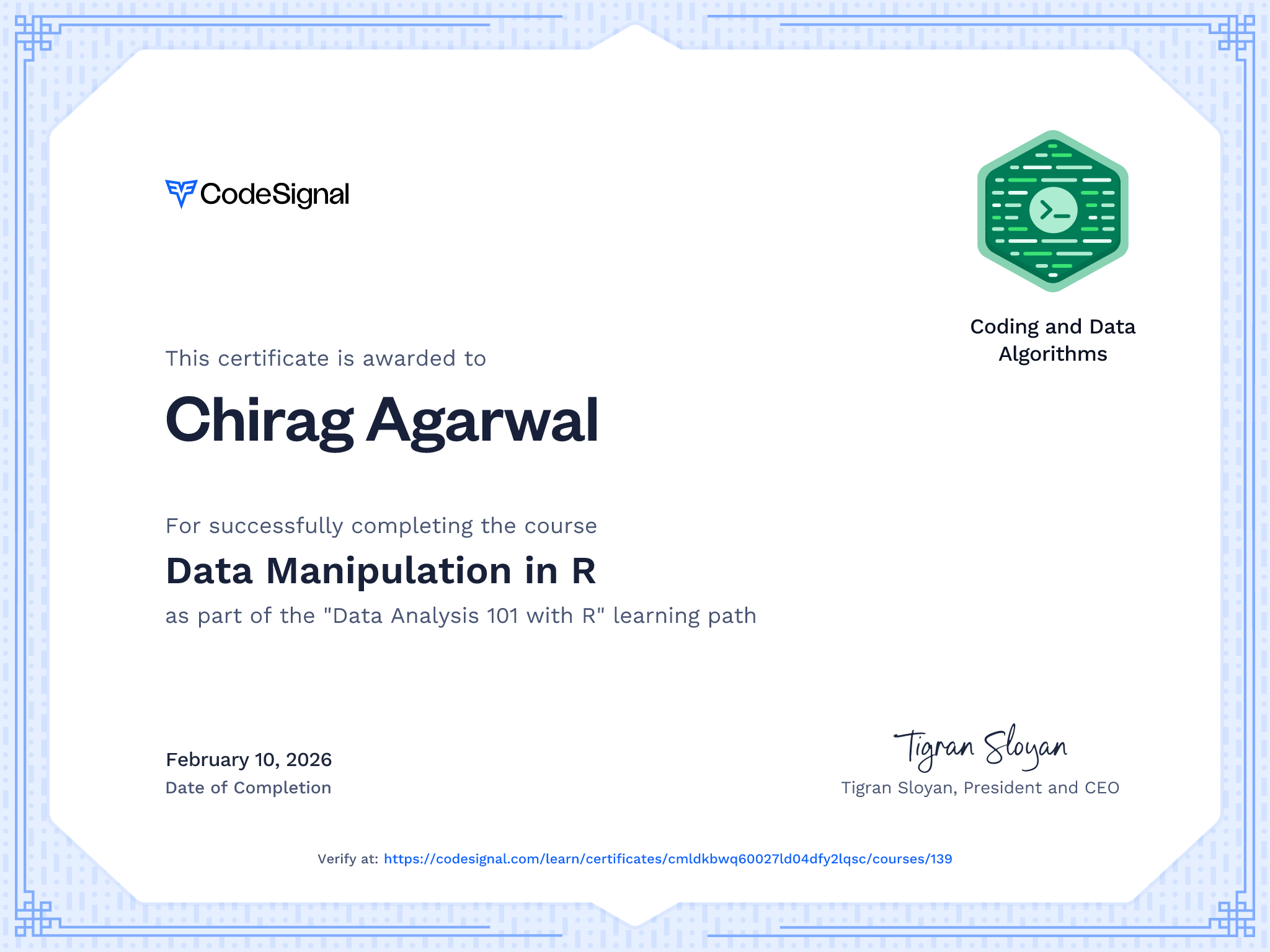 Course certificate for Data Manipulation in R | CodeSignal Learn